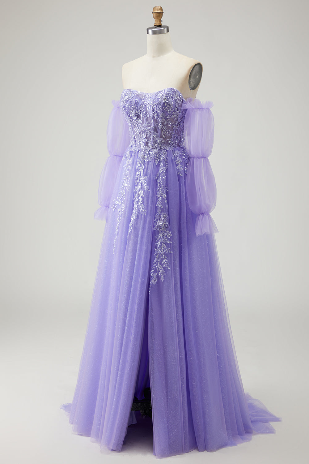 Sparkly Champagne Floral A-Line Long Prom Dress with Detachable Sleeves