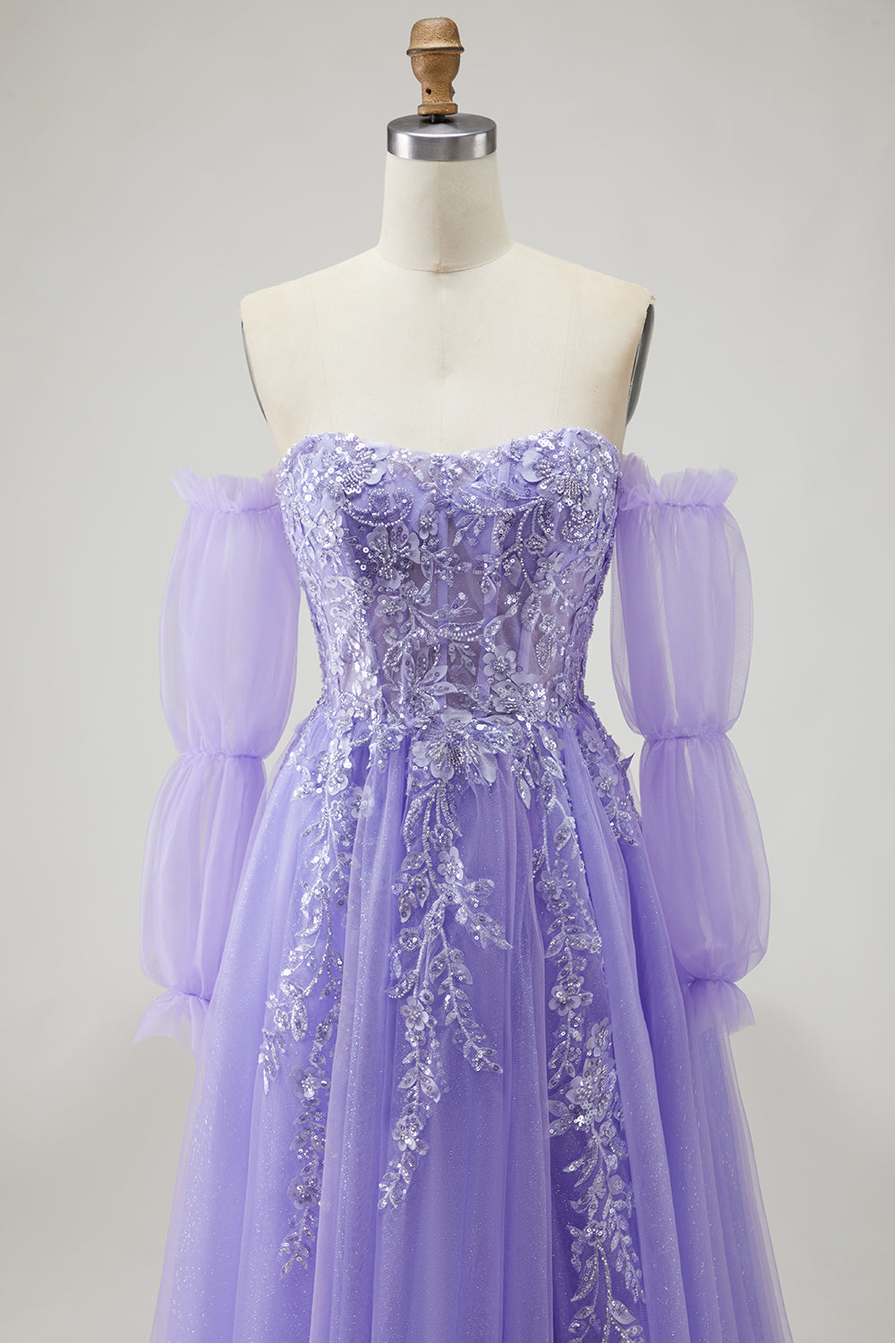 Sparkly Champagne Floral A-Line Long Prom Dress with Detachable Sleeves