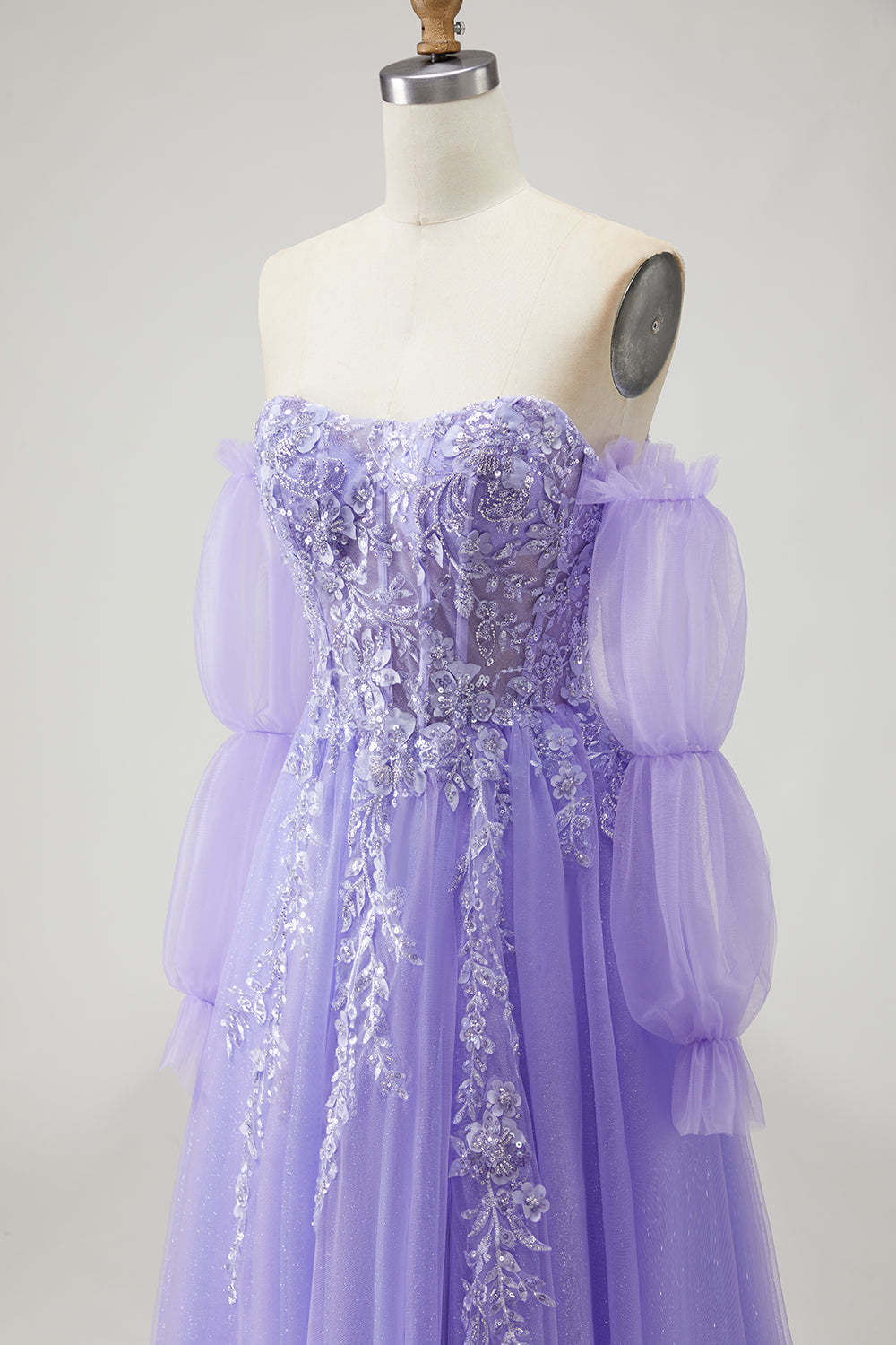 Sparkly Champagne Floral A-Line Long Prom Dress with Detachable Sleeves