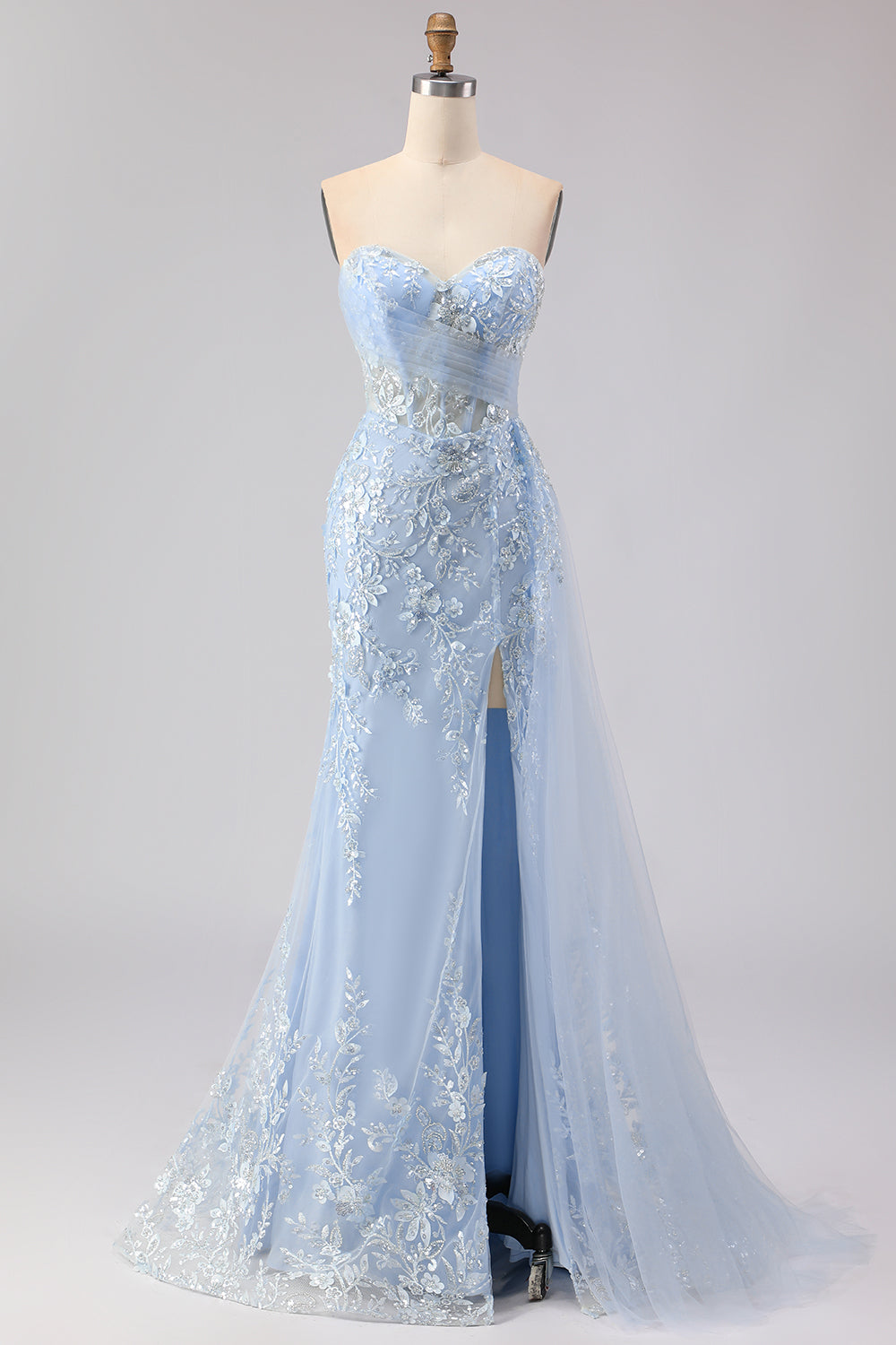 Sparkly Floral Blue Mermaid Sequin Long Corset Prom Dress with Slit