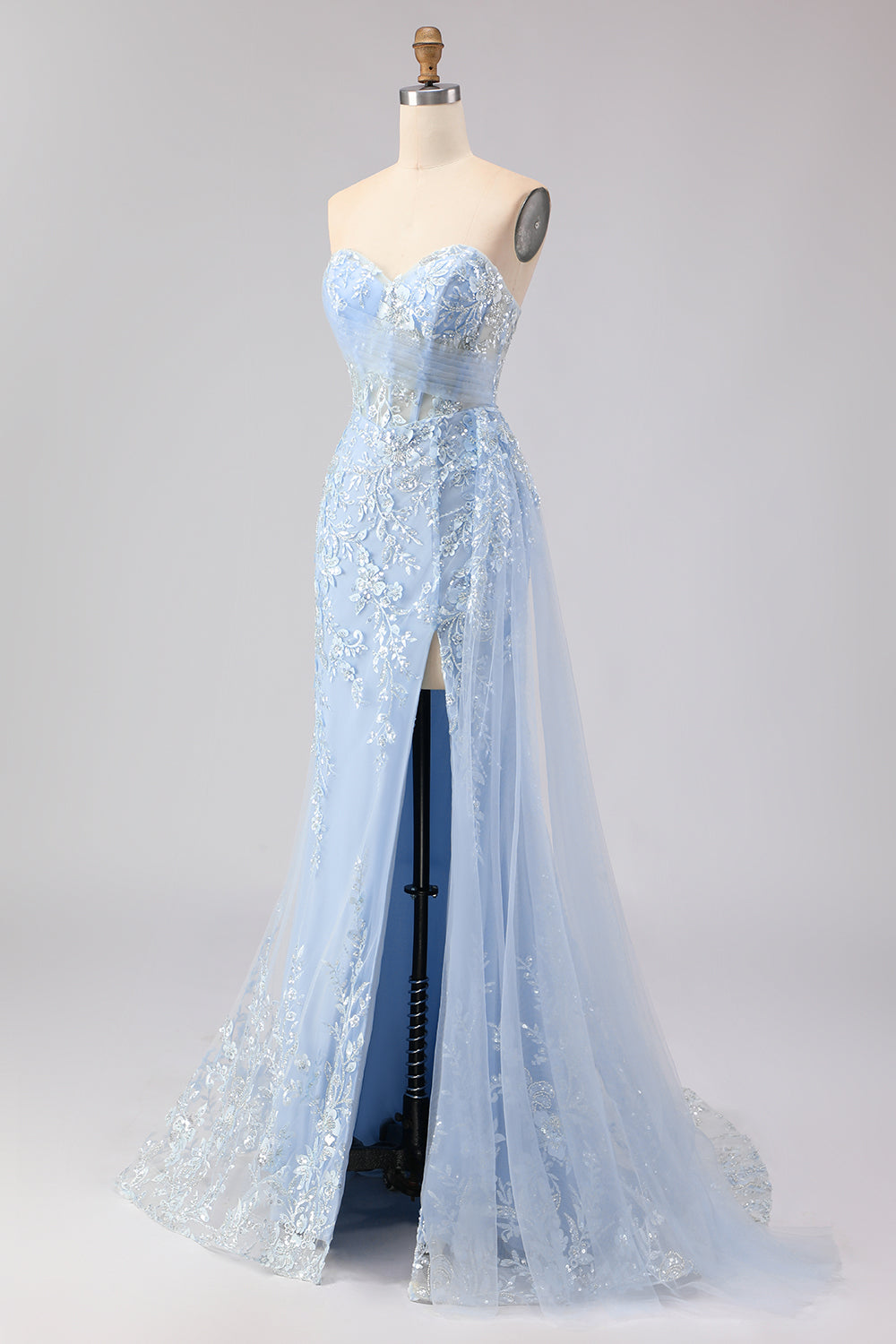 Sparkly Blue Floral Sequin Mermaid Long Corset Prom Dress