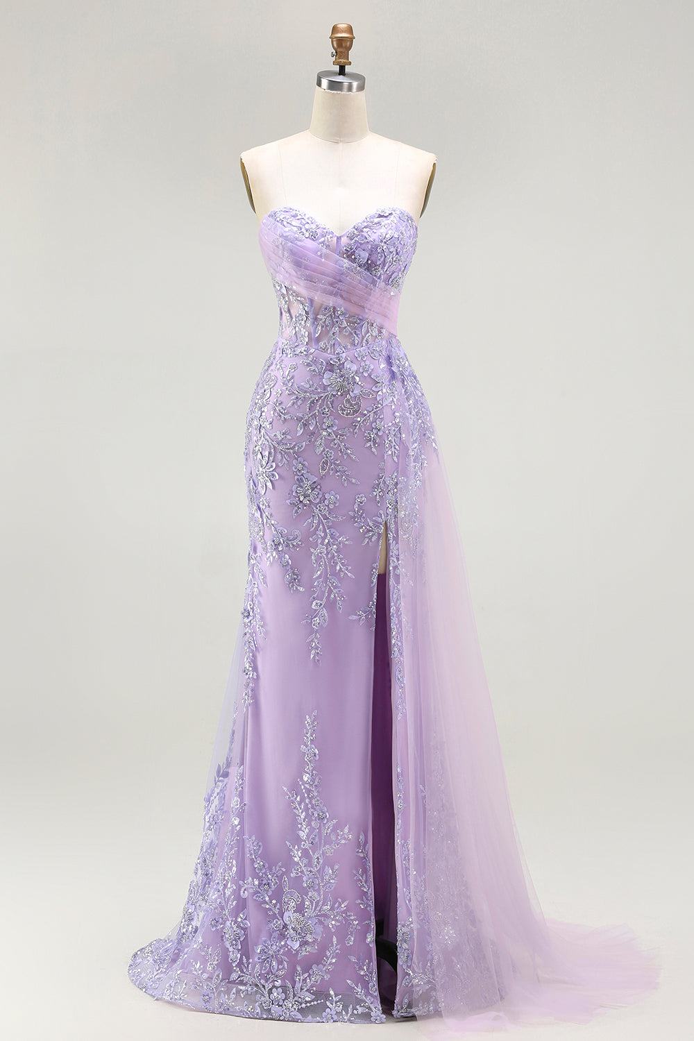 Sparkly Floral Blue Mermaid Sequin Long Corset Prom Dress with Slit