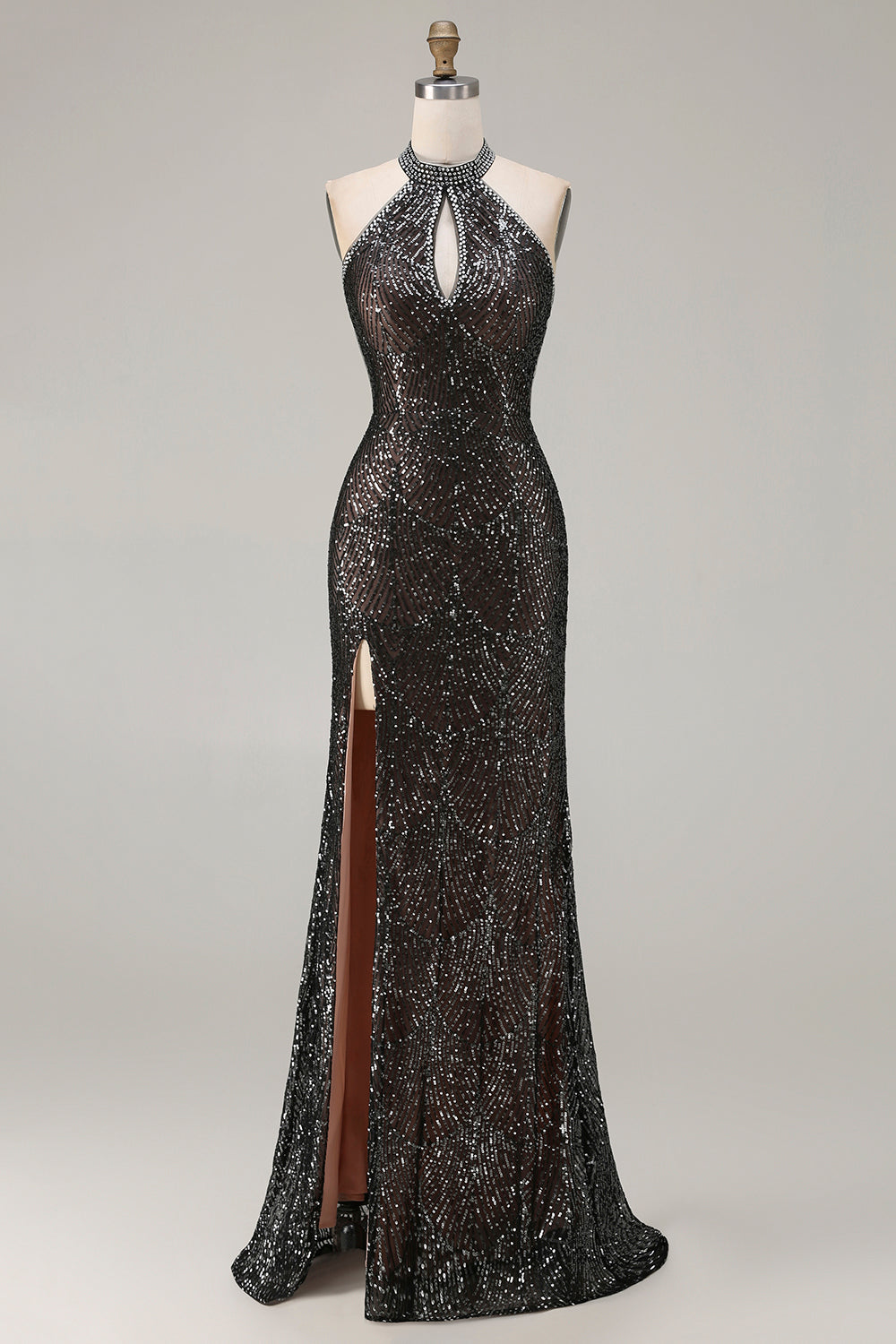 Sparkly Champagne Halter Neck Mermaid Beaded Long Prom Dress with Slit