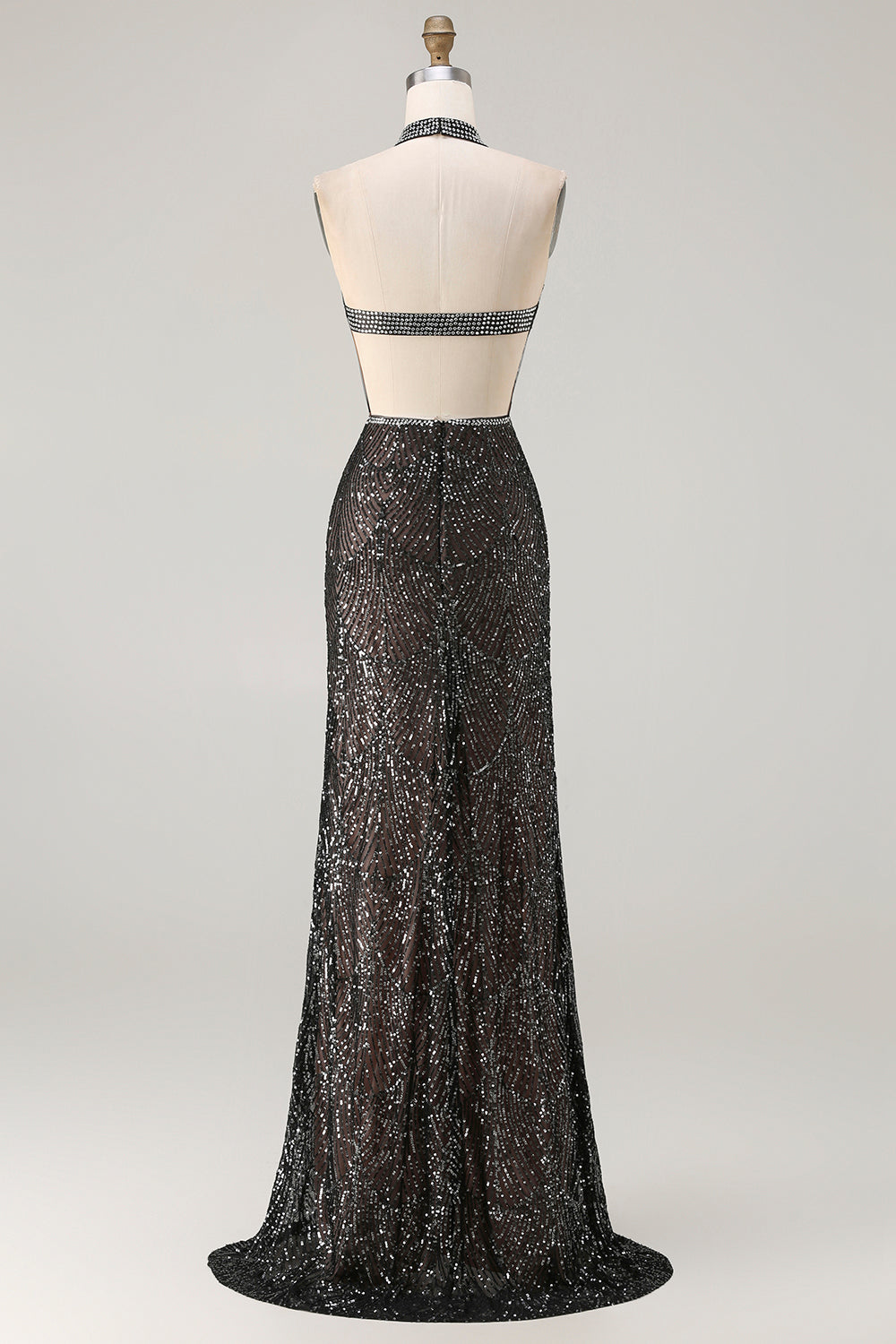 Sparkly Champagne Halter Neck Mermaid Beaded Long Prom Dress with Slit