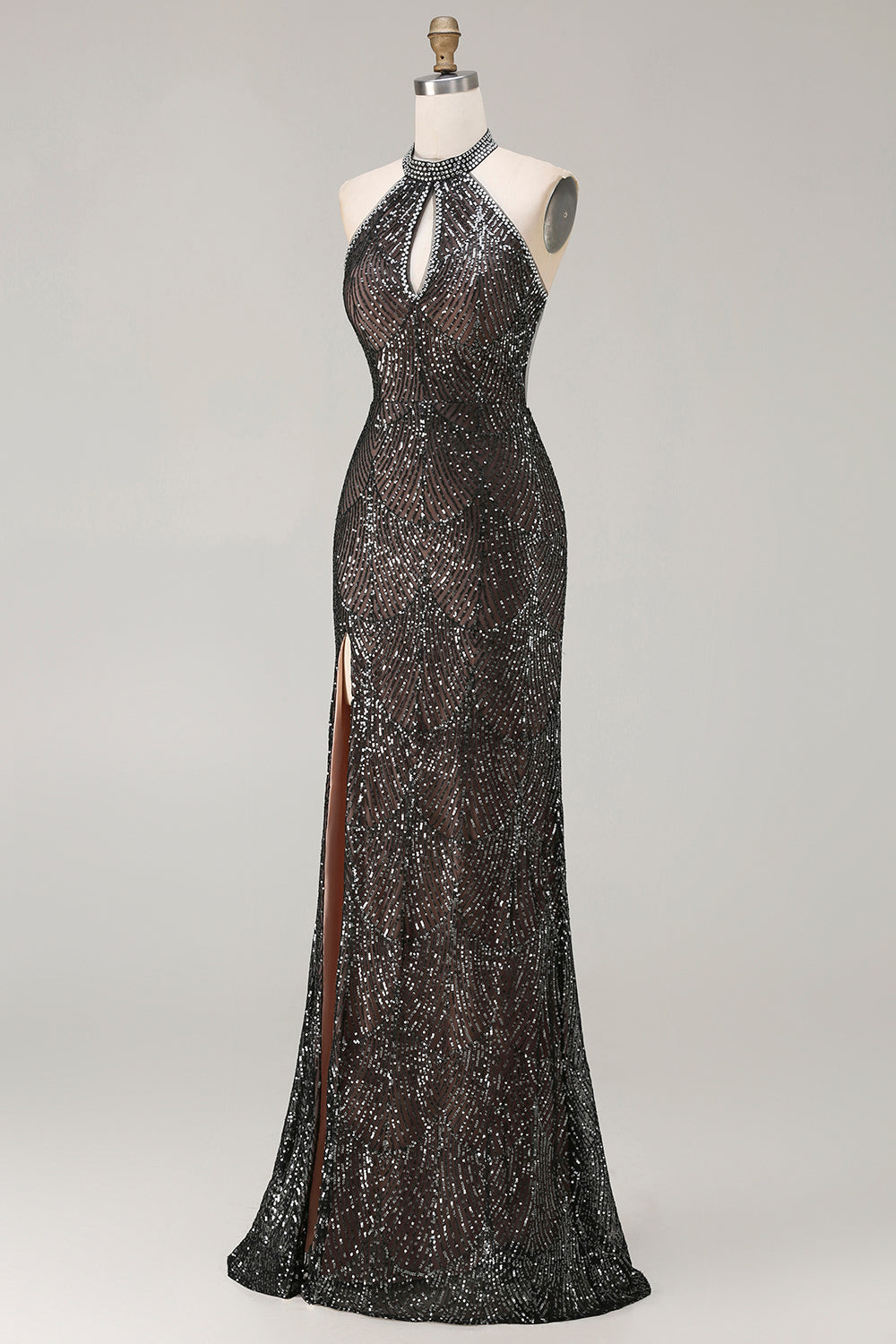 Sparkly Champagne Halter Neck Mermaid Beaded Long Prom Dress with Slit