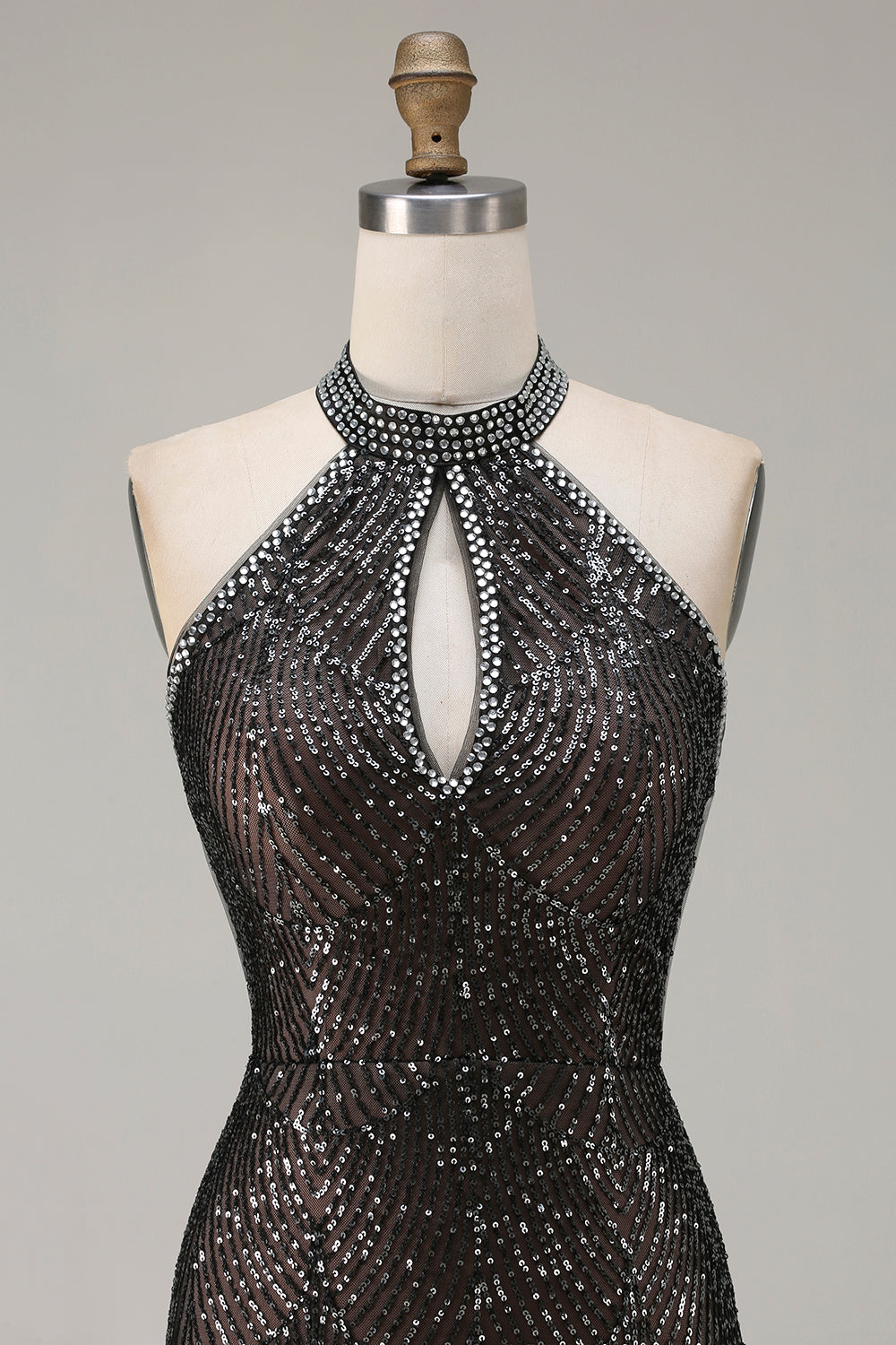 Sparkly Champagne Halter Neck Mermaid Beaded Long Prom Dress with Slit