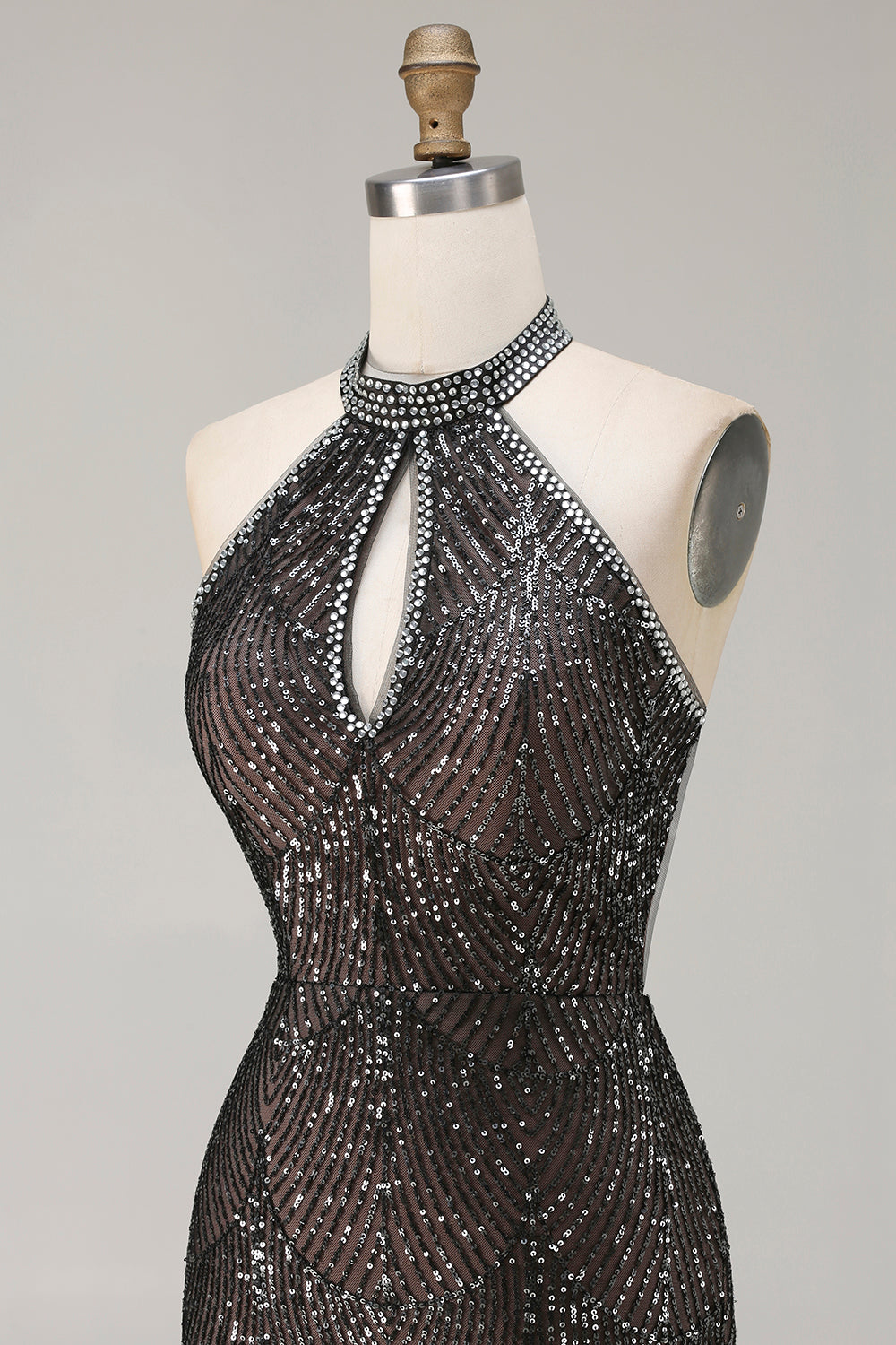 Sparkly Champagne Halter Neck Mermaid Beaded Long Prom Dress with Slit