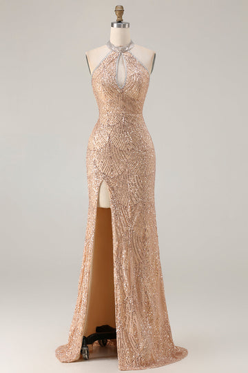 Sparkly Champagne Halter Neck Mermaid Beaded Long Prom Dress with Slit