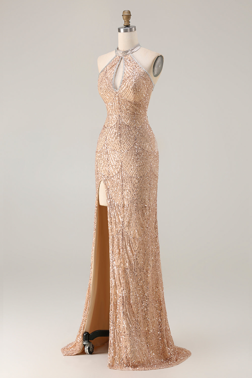 Sparkly Champagne Halter Neck Mermaid Beaded Long Prom Dress with Slit
