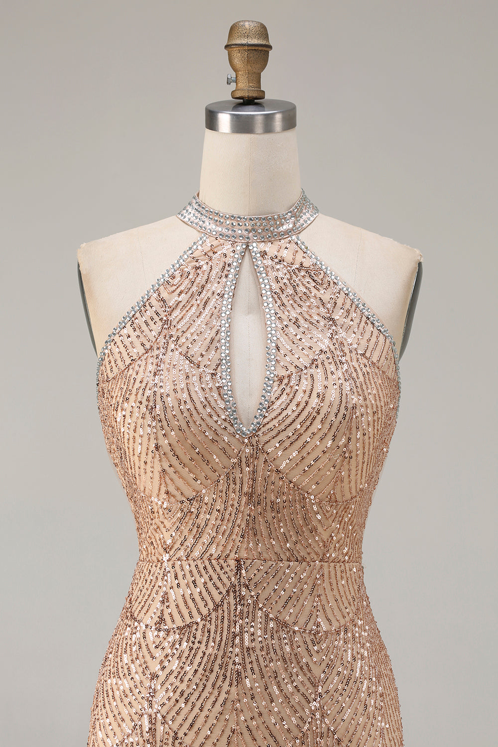 Sparkly Champagne Halter Neck Mermaid Beaded Long Prom Dress with Slit