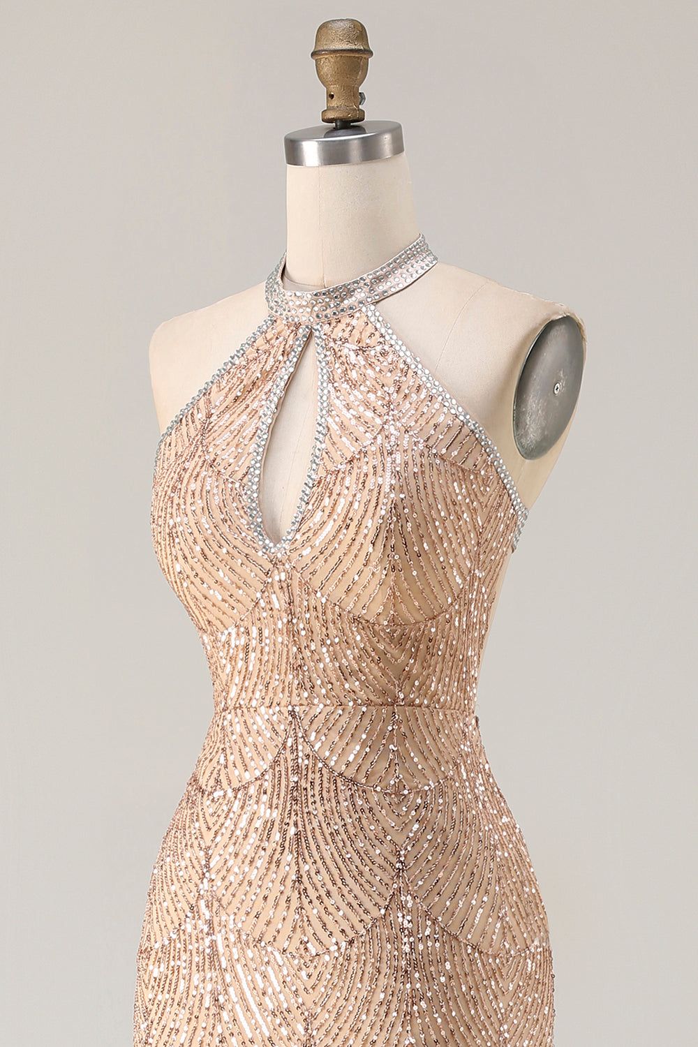 Sparkly Champagne Halter Neck Mermaid Beaded Long Prom Dress with Slit