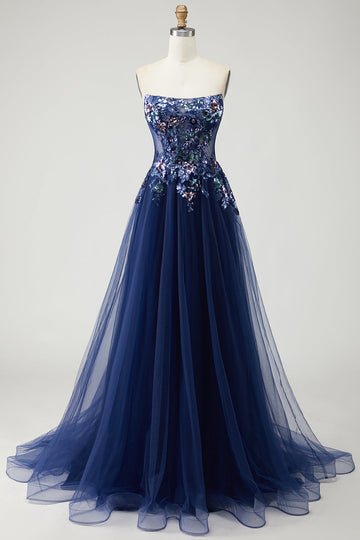 Sparkly Navy Floral A-Line Long Prom Dress with Embroidery