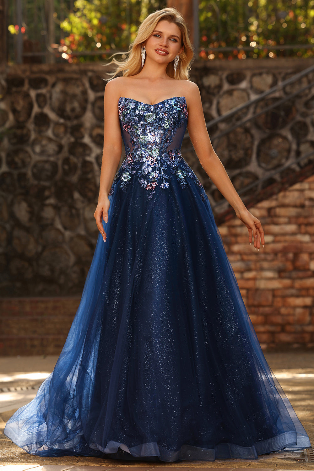 Sparkly Navy Floral A-Line Long Prom Dress with Embroidery