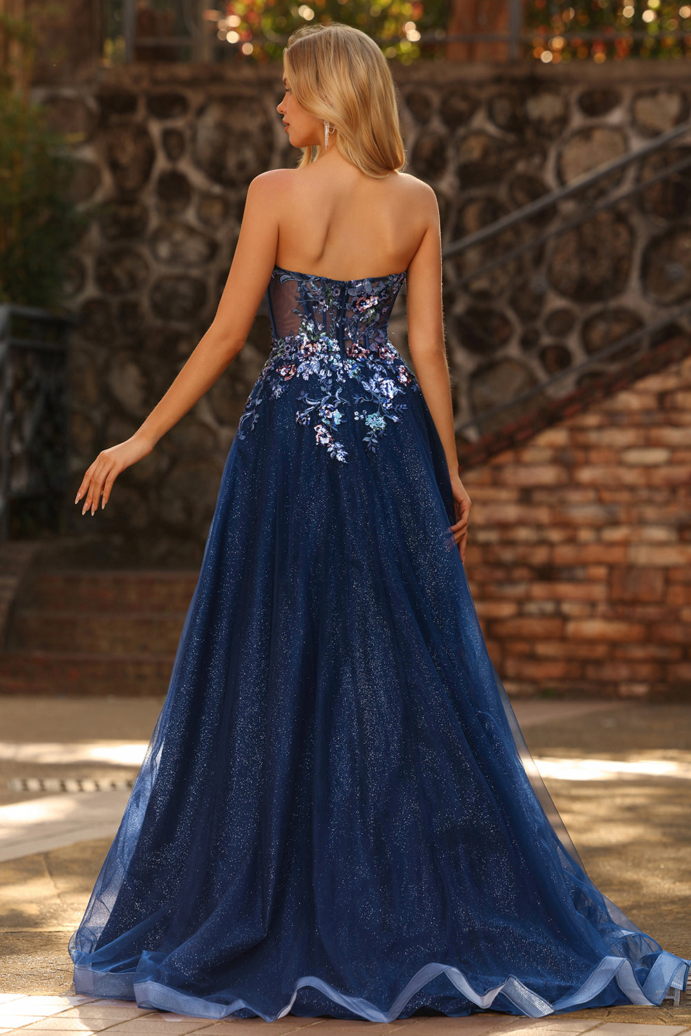 Sparkly Navy Floral A-Line Long Prom Dress with Embroidery