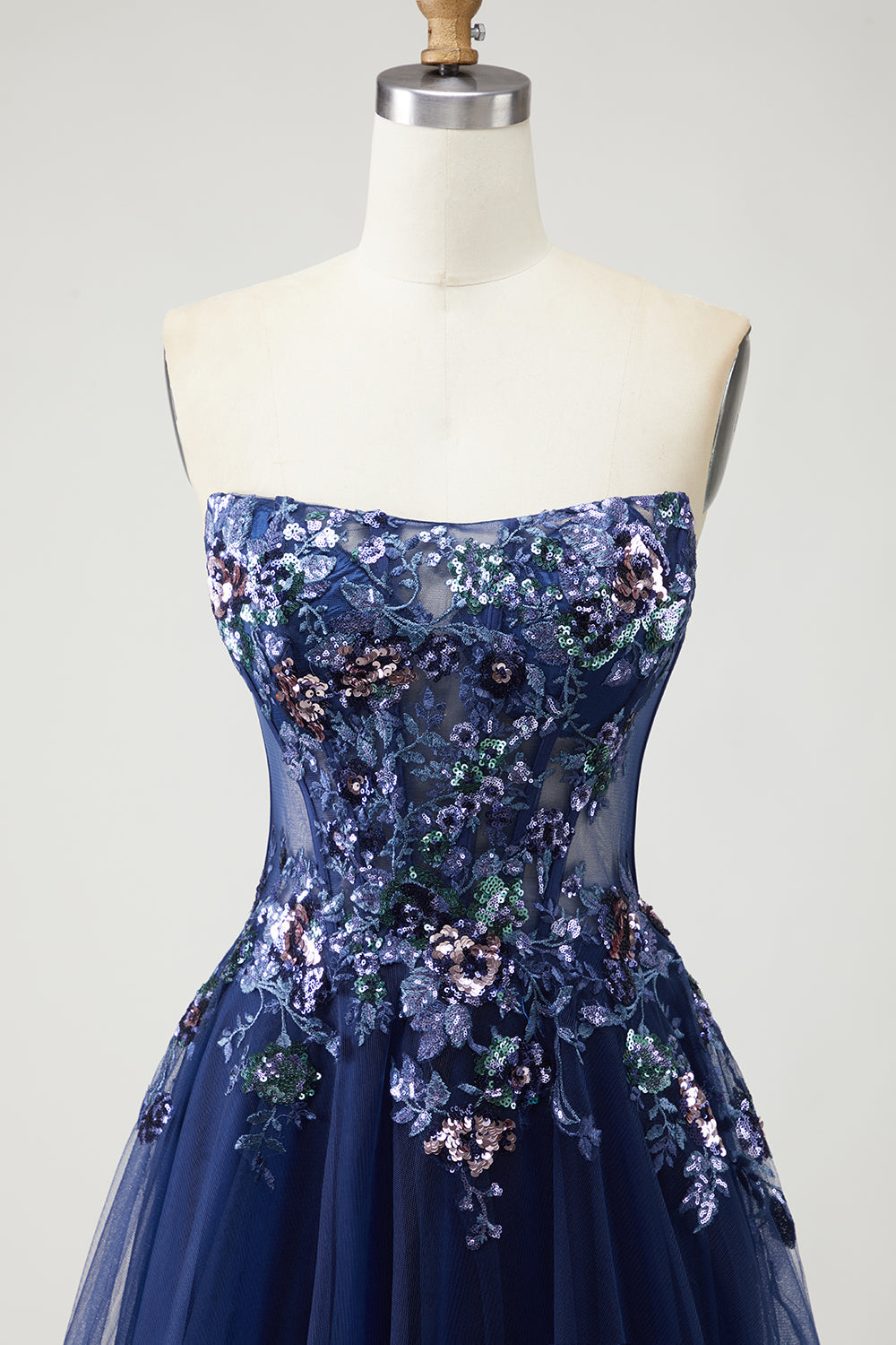Sparkly Navy Floral A-Line Long Prom Dress with Embroidery