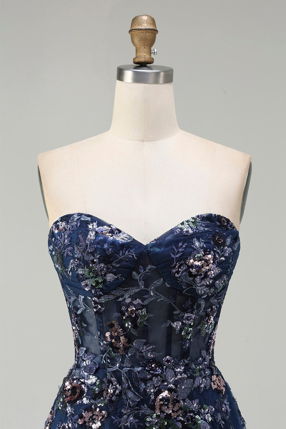 Sparkly Floral Navy A-Line Tulle Long Corset Prom Dress with Sequin