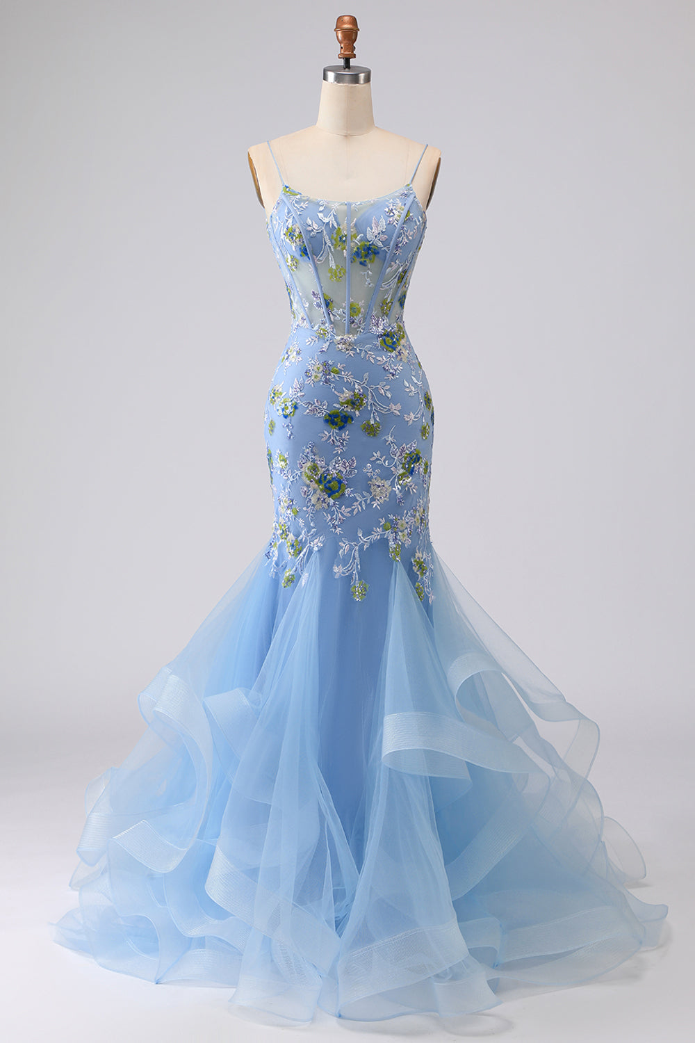Sparkly Navy Ruffled Floral Appliqued Spaghetti Straps Mermaid Long Corset Prom Dress