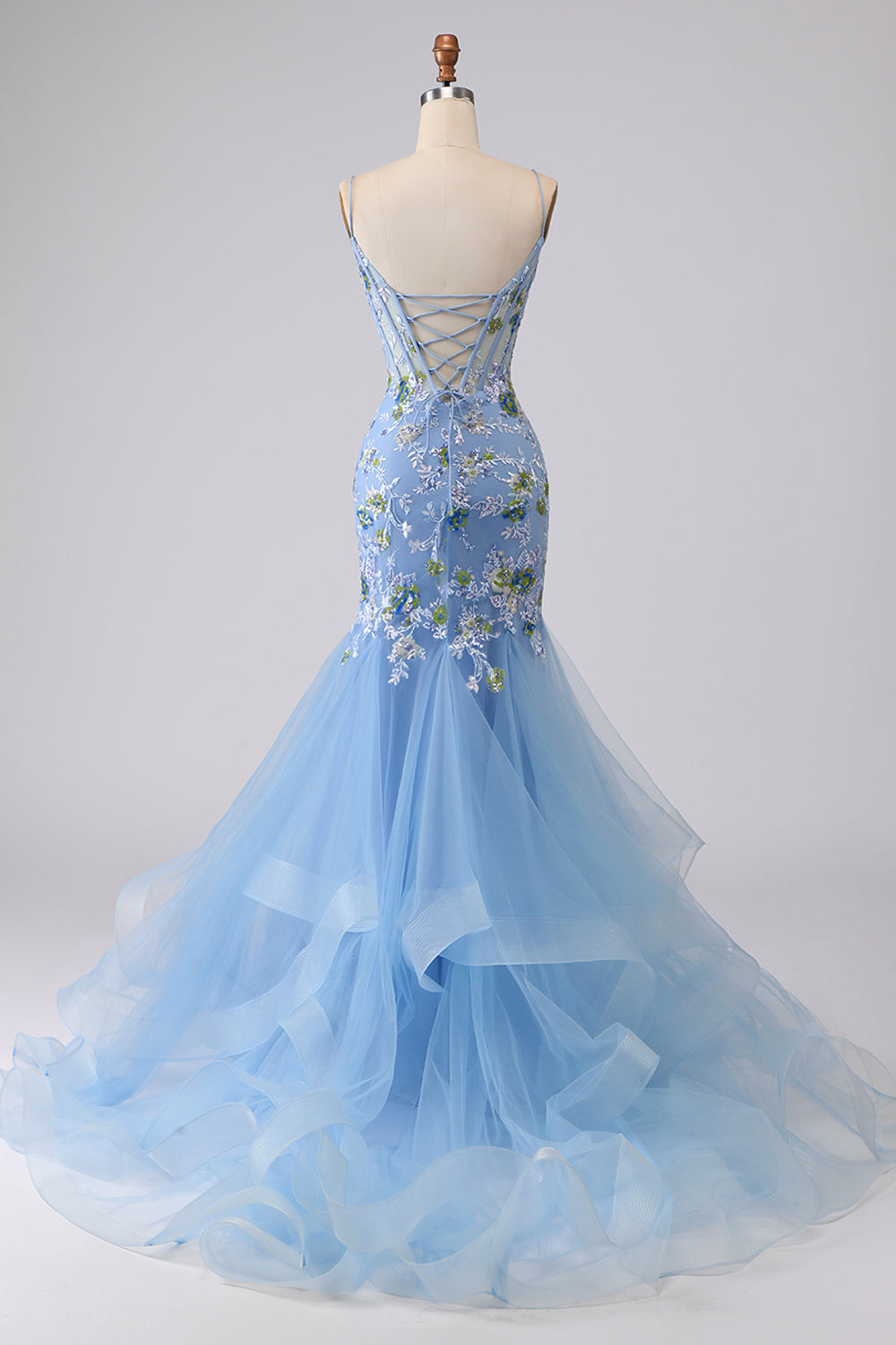Sparkly Navy Ruffled Floral Appliqued Spaghetti Straps Mermaid Long Corset Prom Dress
