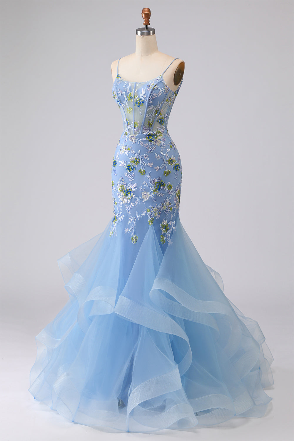 Sparkly Navy Ruffled Floral Appliqued Spaghetti Straps Mermaid Long Corset Prom Dress