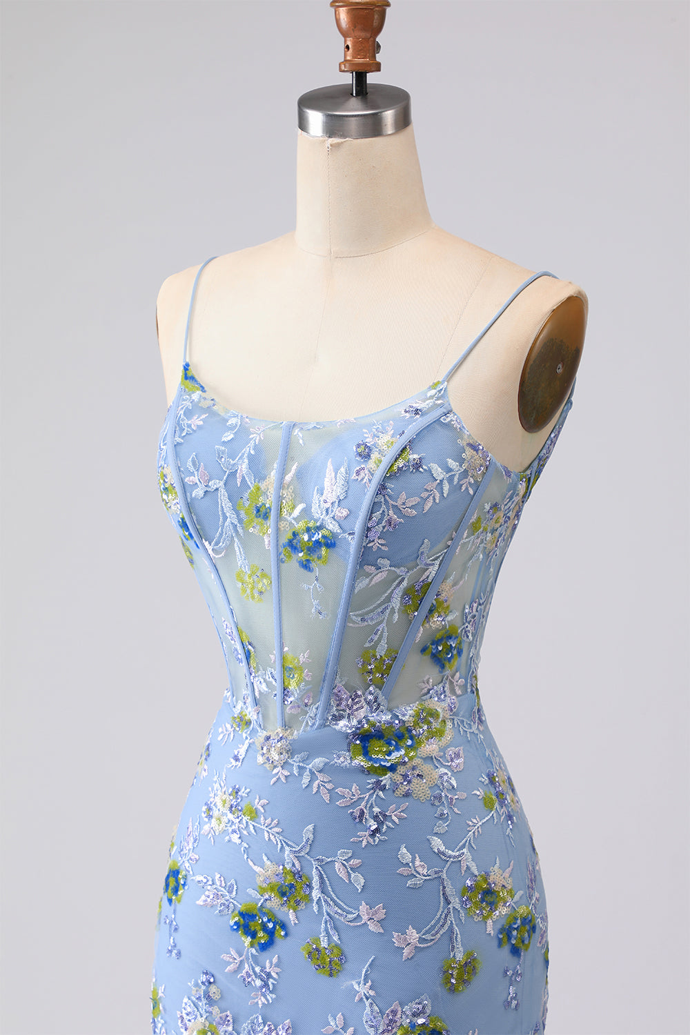 Sparkly Blue Floral Ruffled Spaghetti Straps Appliqued Mermaid Long Corset Prom Dress