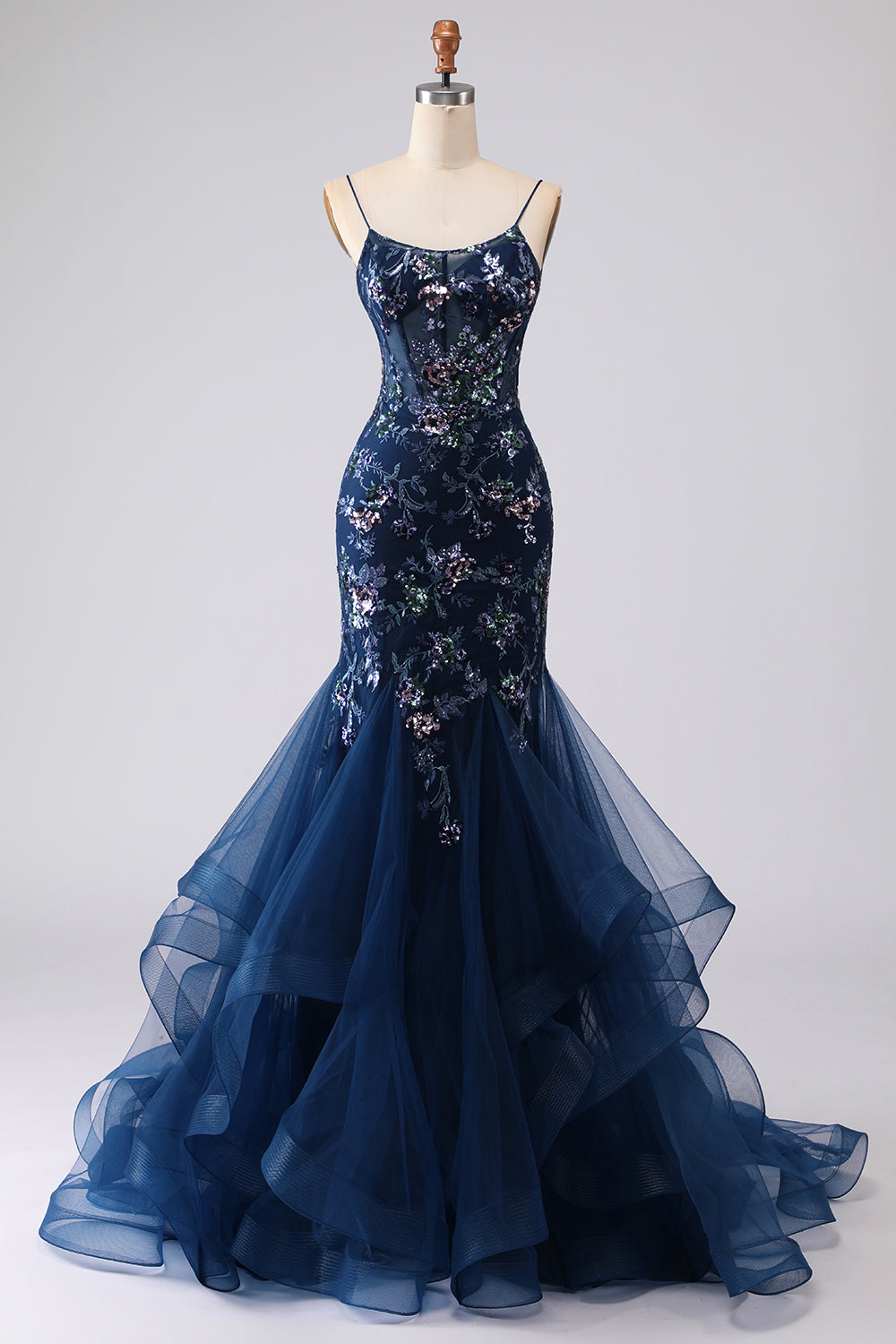 Sparkly Blue Floral Ruffled Spaghetti Straps Appliqued Mermaid Long Corset Prom Dress