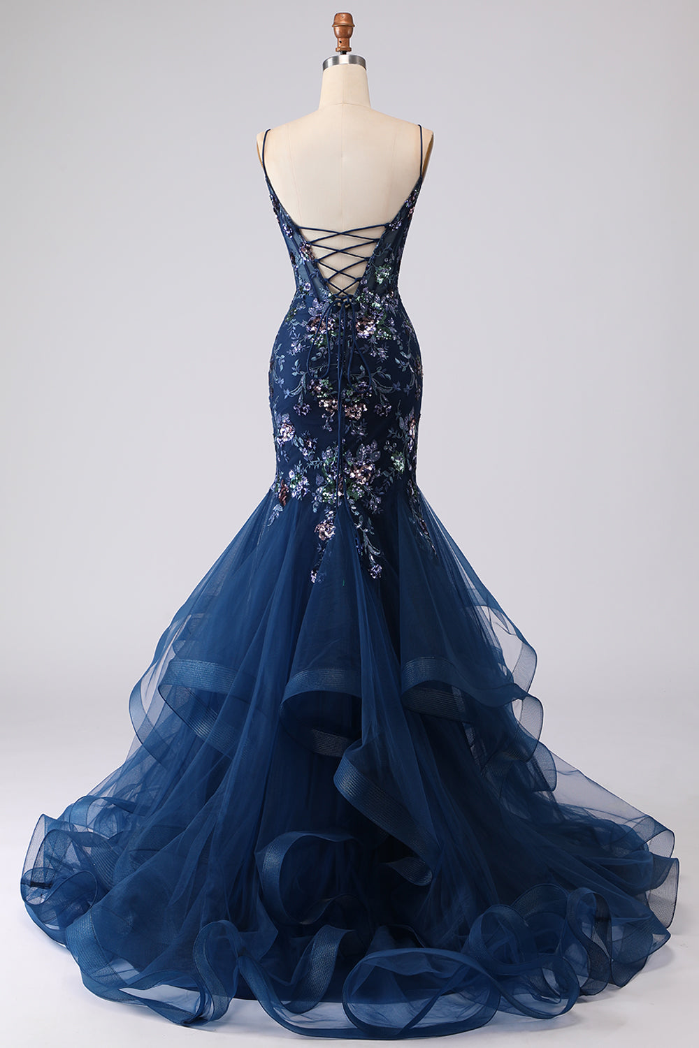 Sparkly Blue Floral Ruffled Spaghetti Straps Appliqued Mermaid Long Corset Prom Dress