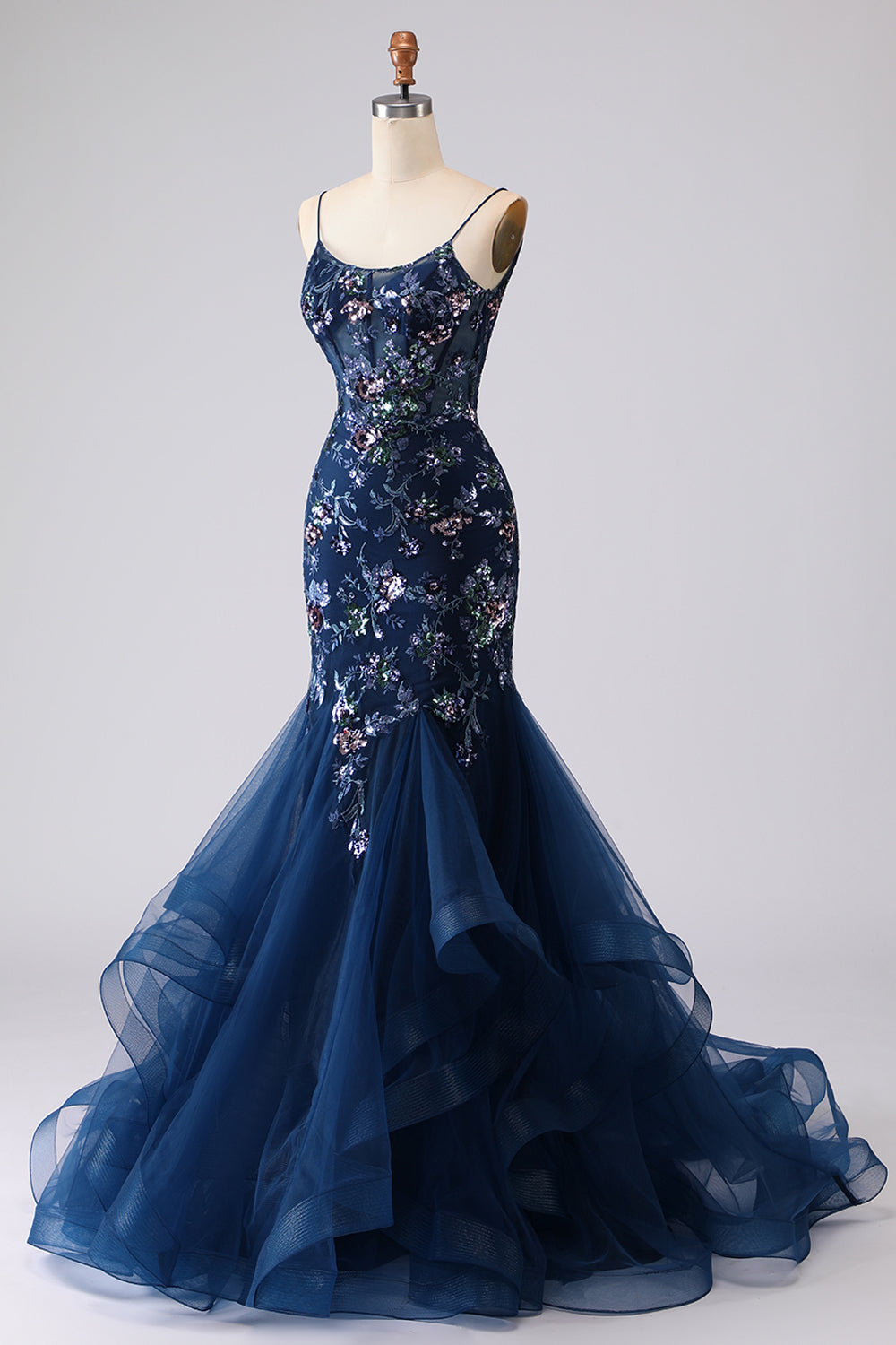 Sparkly Navy Ruffled Floral Appliqued Spaghetti Straps Mermaid Long Corset Prom Dress