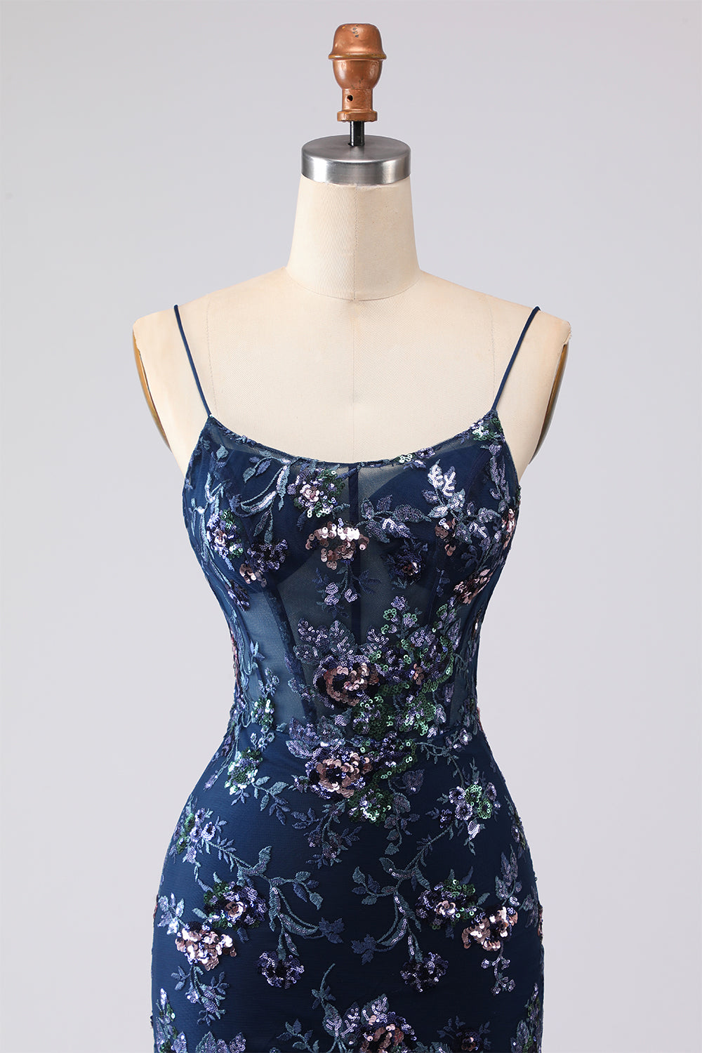 Sparkly Navy Ruffled Floral Appliqued Spaghetti Straps Mermaid Long Corset Prom Dress