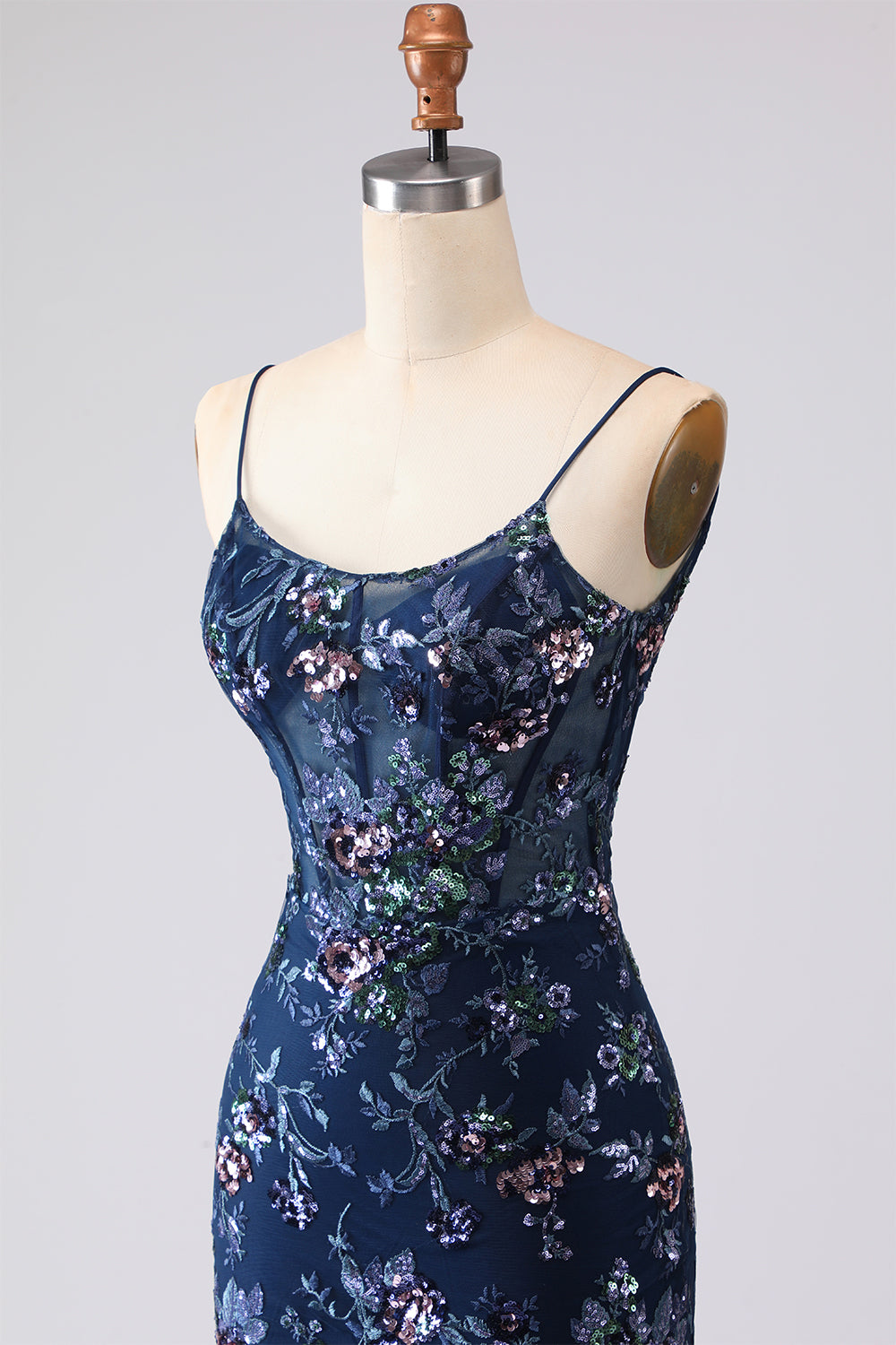 Sparkly Blue Floral Ruffled Spaghetti Straps Appliqued Mermaid Long Corset Prom Dress
