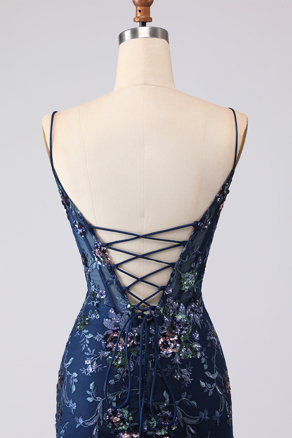 Sparkly Navy Ruffled Floral Appliqued Spaghetti Straps Mermaid Long Corset Prom Dress