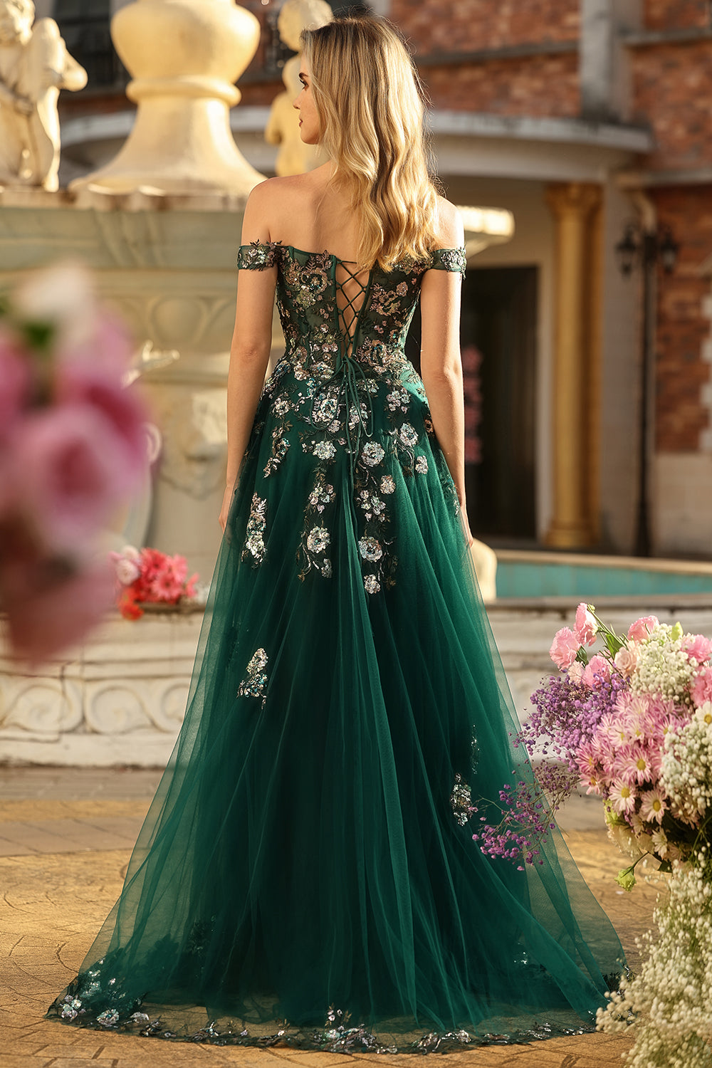 Sparkly Floral Dark Green A Line Tulle Long Prom Dress with Appliques