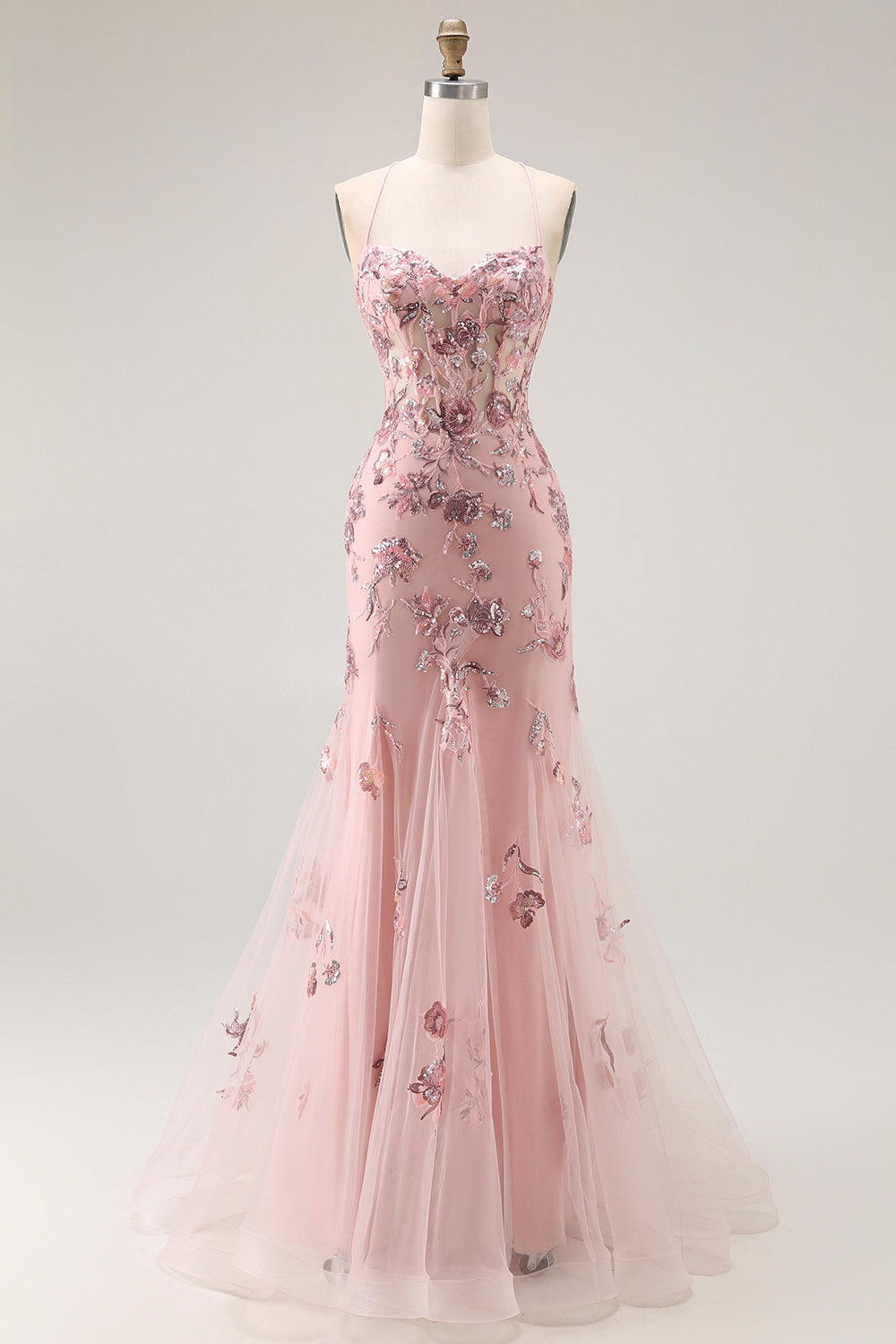 Sparkly Blush Floral Mermaid Corset Long Prom Dress