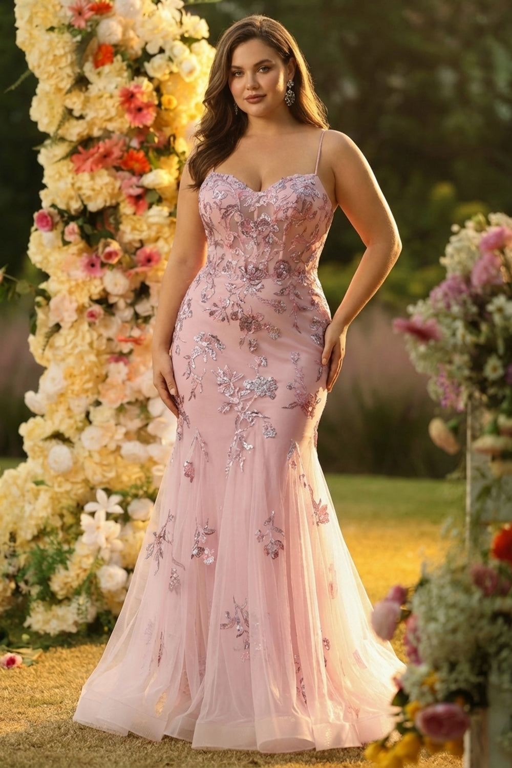 Sparkly Floral Plus Size Blush Mermaid Long Corset Prom Dress