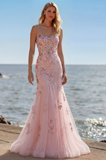 Sparkly Blush Floral Mermaid Corset Long Prom Dress