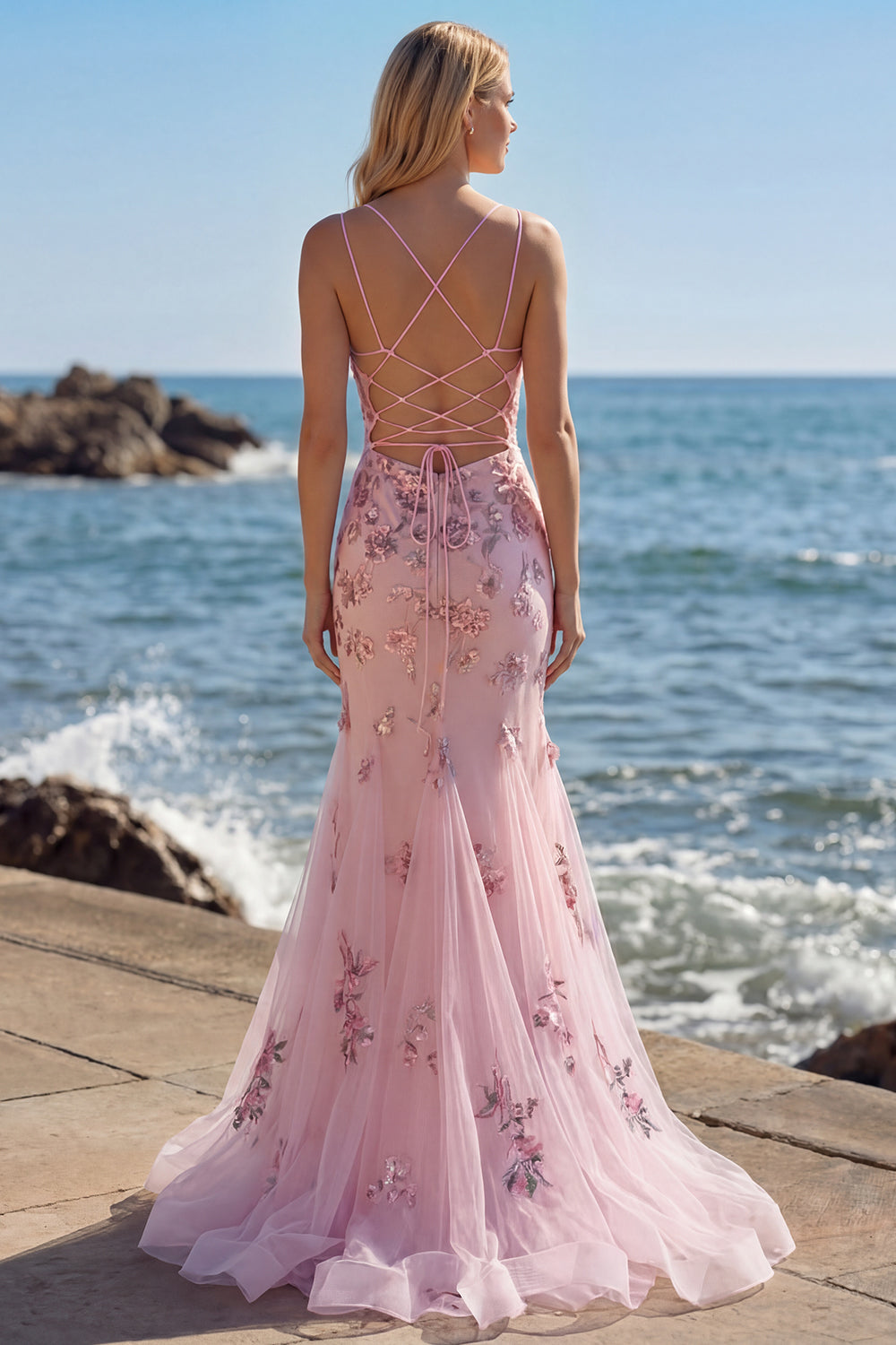 Sparkly Blush Floral Mermaid Corset Long Prom Dress