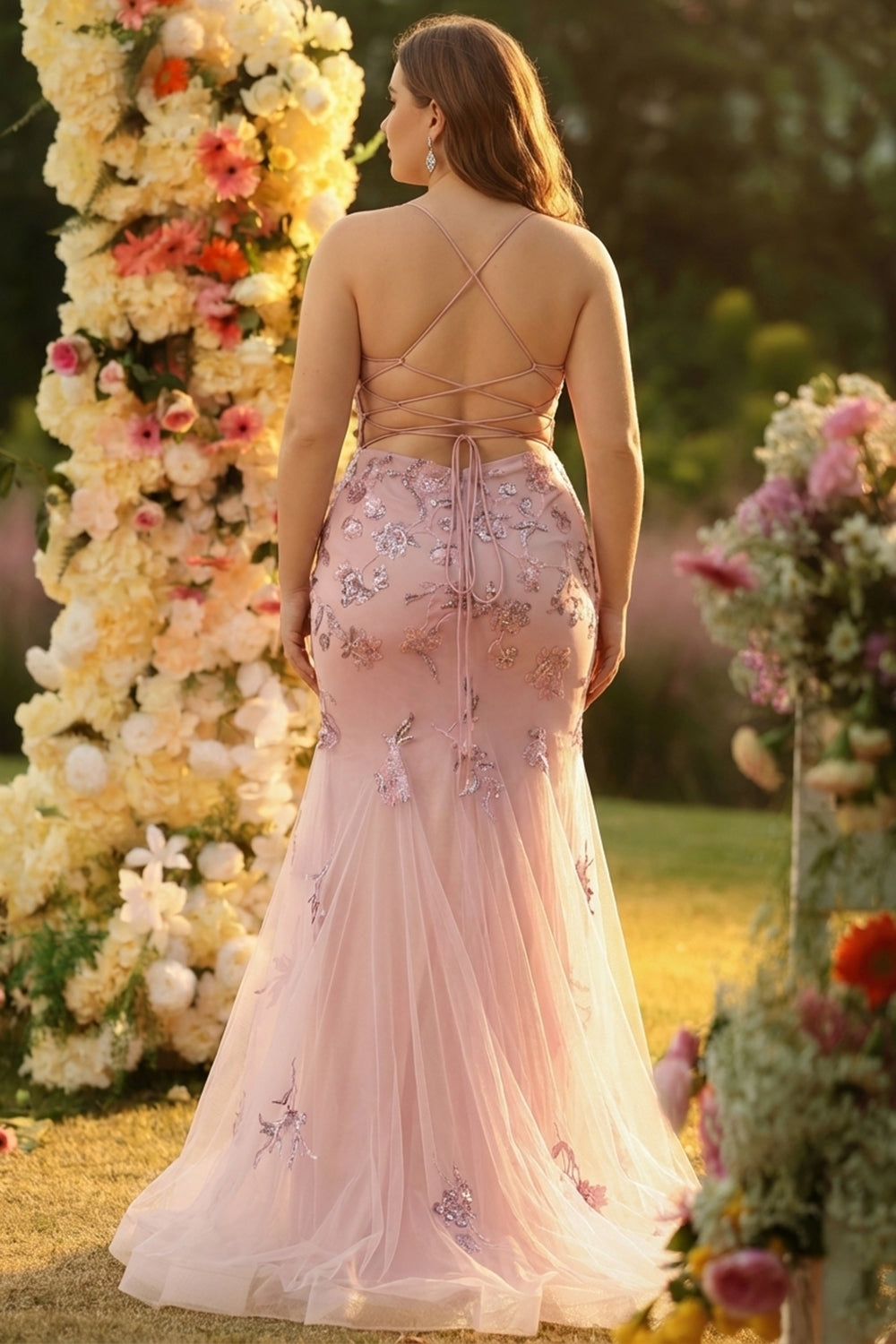 Sparkly Floral Plus Size Blush Mermaid Long Corset Prom Dress