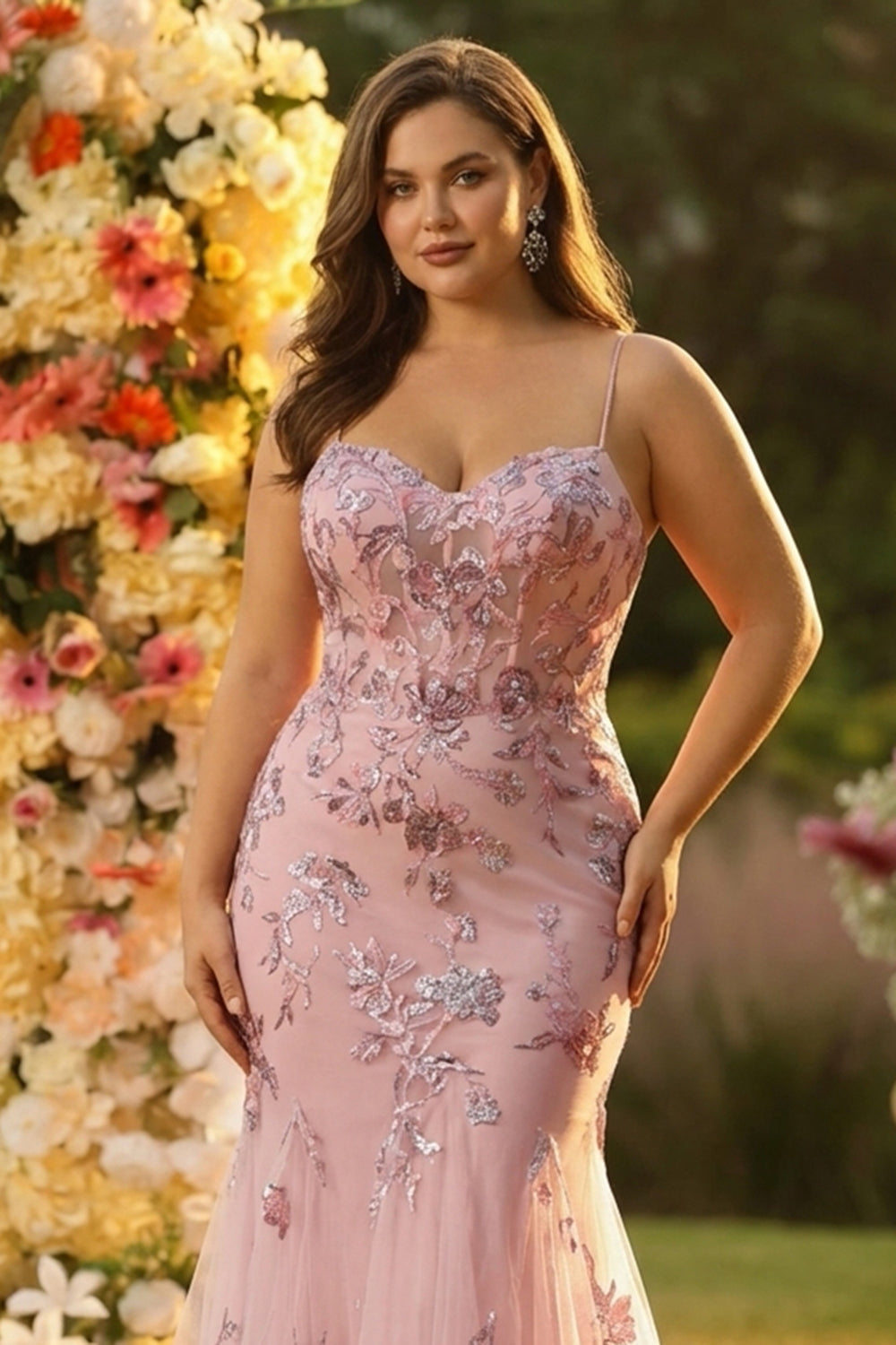 Sparkly Floral Plus Size Blush Mermaid Long Corset Prom Dress