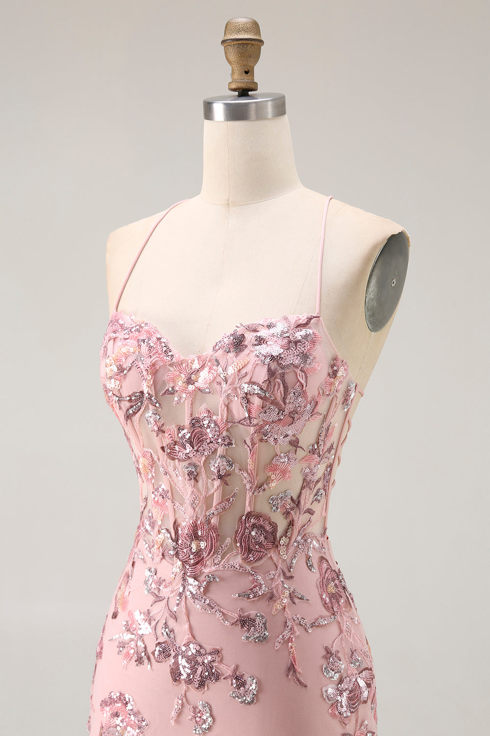 Sparkly Blush Floral Mermaid Corset Long Prom Dress