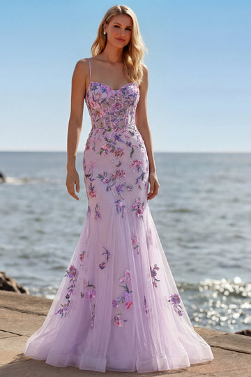 Sparkly Purple Corset Floral Mermaid Long Prom Dress