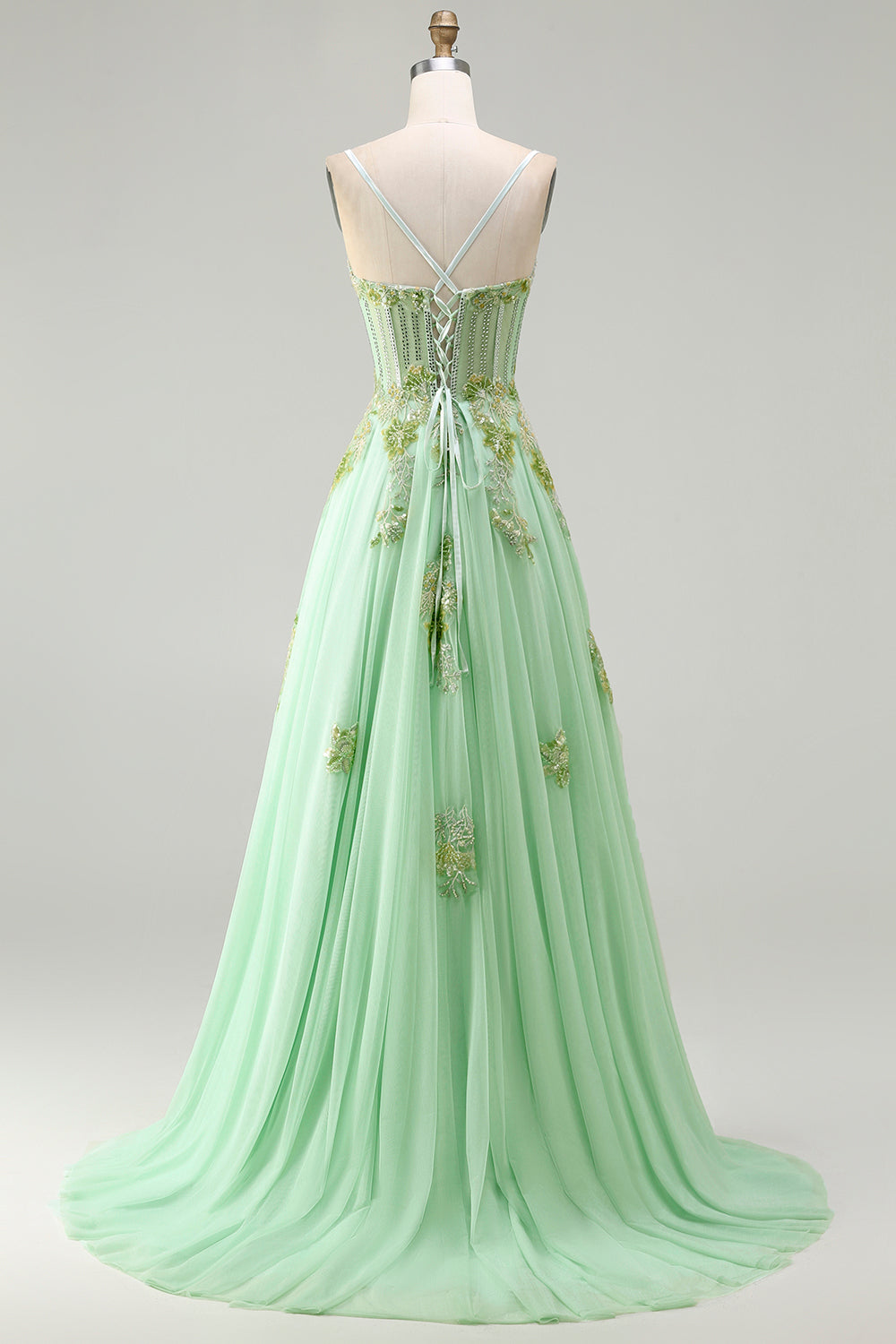 Sparkly Floral Green A-Line Long Corset Prom Dress with Beading