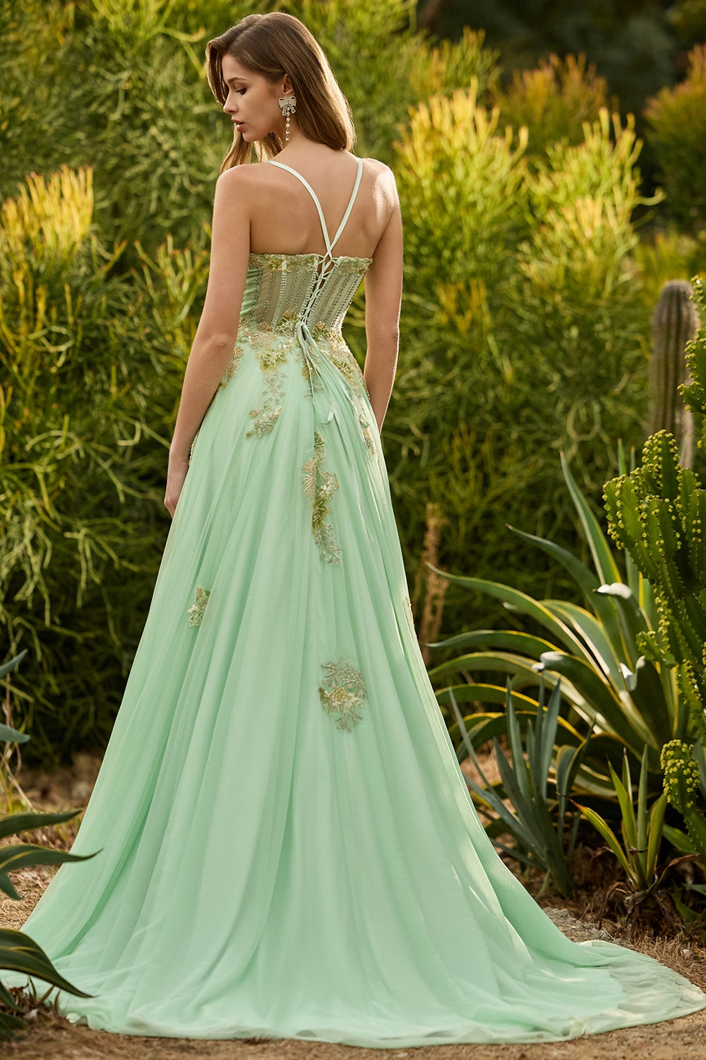 Sparkly Floral Green A-Line Long Corset Prom Dress with Beading
