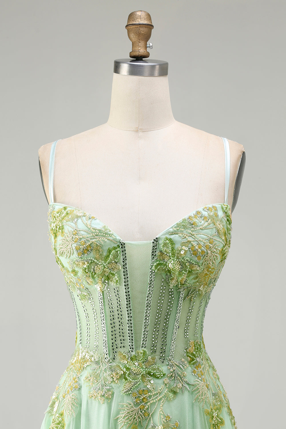 Sparkly Floral Green A-Line Long Corset Prom Dress with Beading