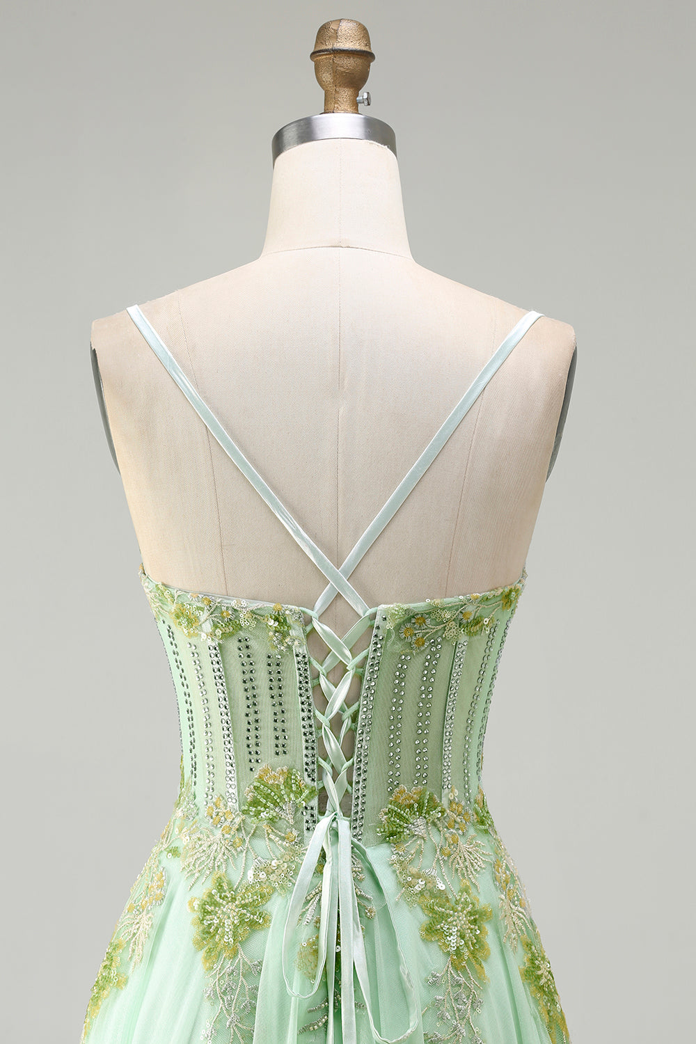 Sparkly Floral Green A-Line Long Corset Prom Dress with Beading