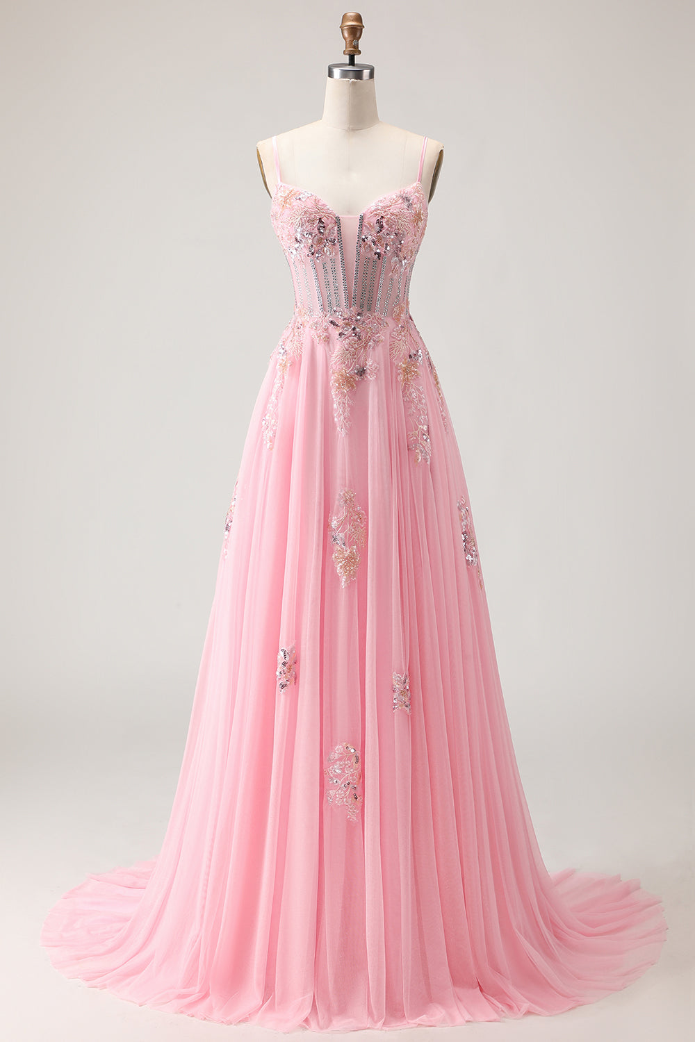 Sparkly Floral Pink A-Line Long Corset Prom Dress with Beading