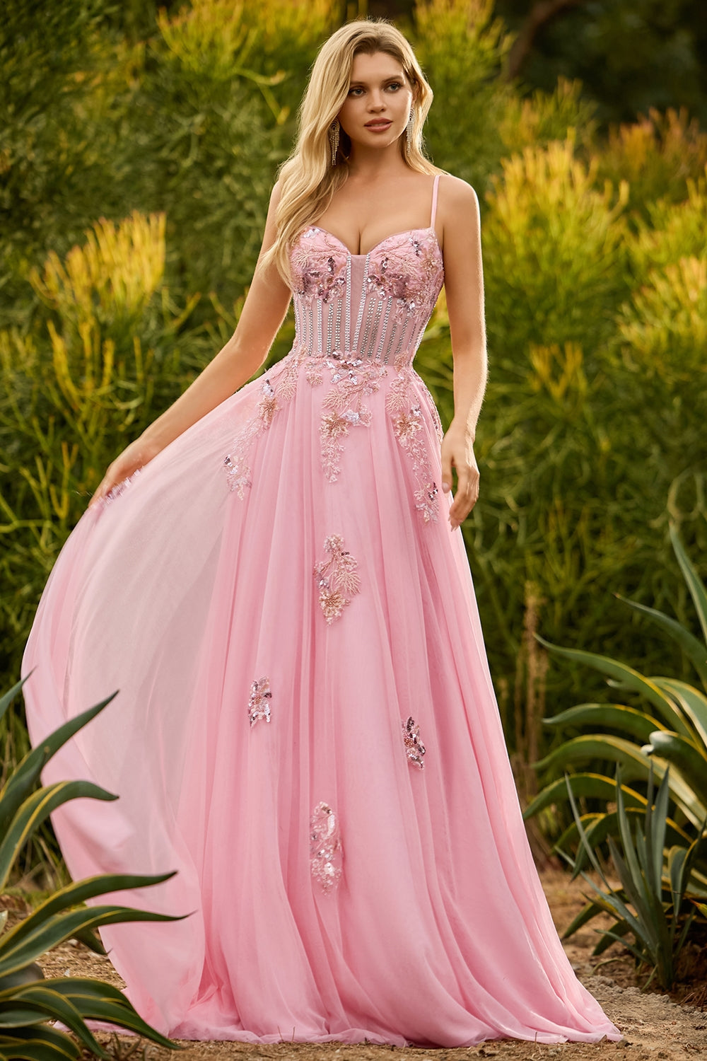 Sparkly Floral Green A-Line Long Corset Prom Dress with Beading