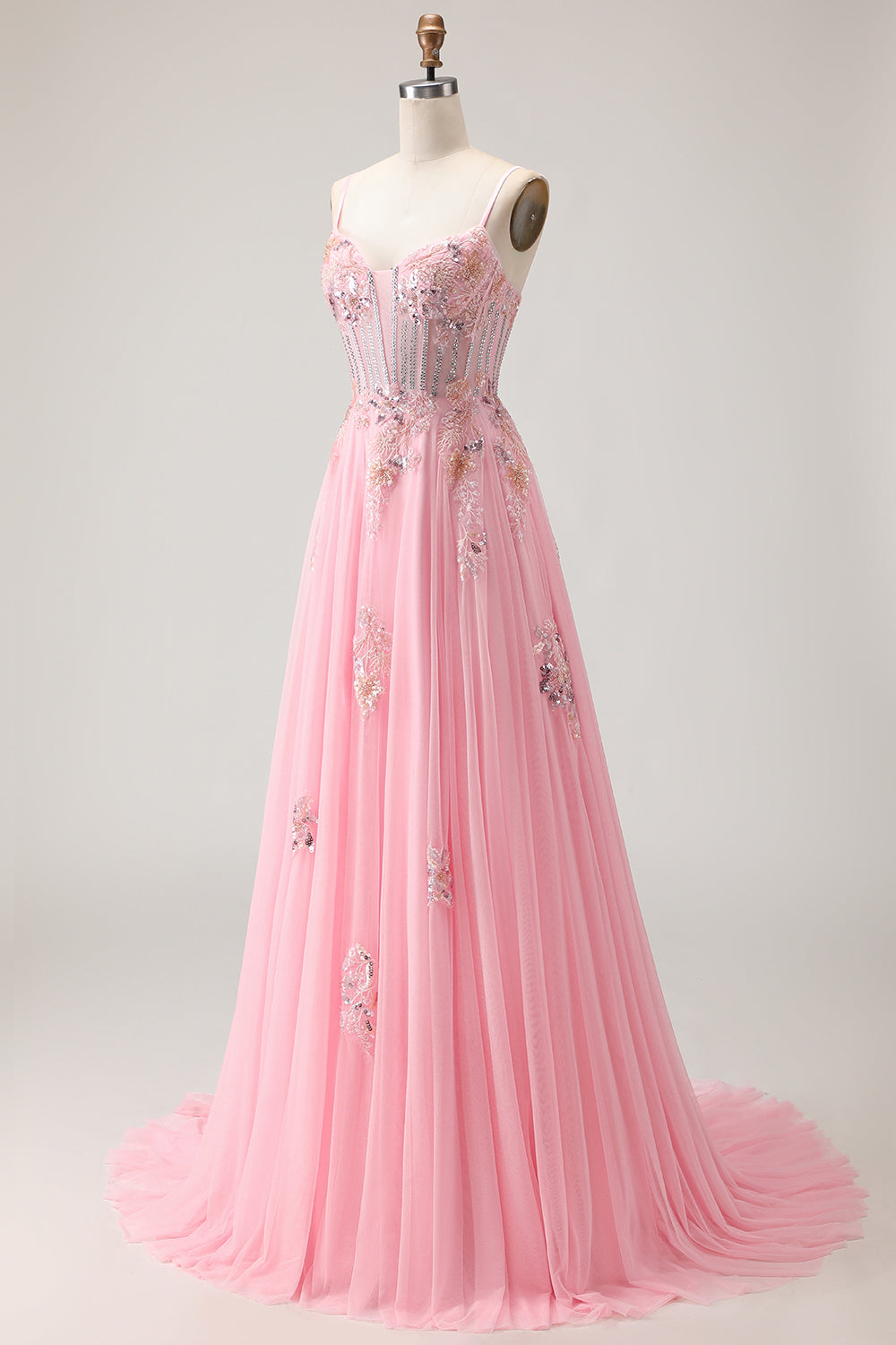 Sparkly Floral Pink A-Line Long Corset Prom Dress with Beading