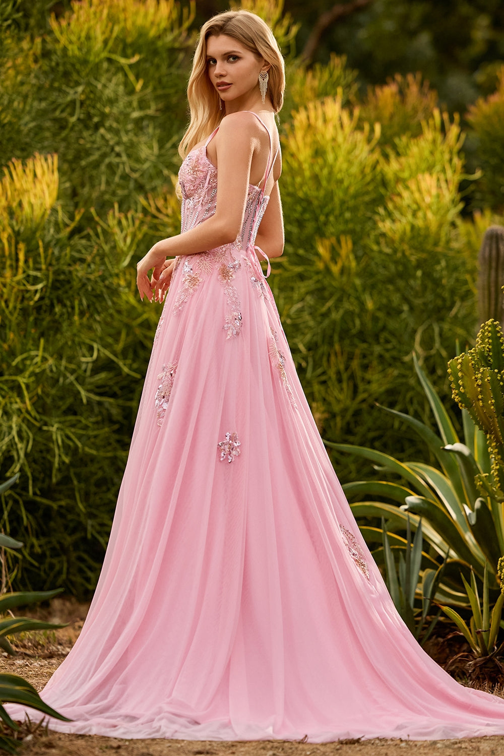 Sparkly Floral Pink A-Line Long Corset Prom Dress with Beading