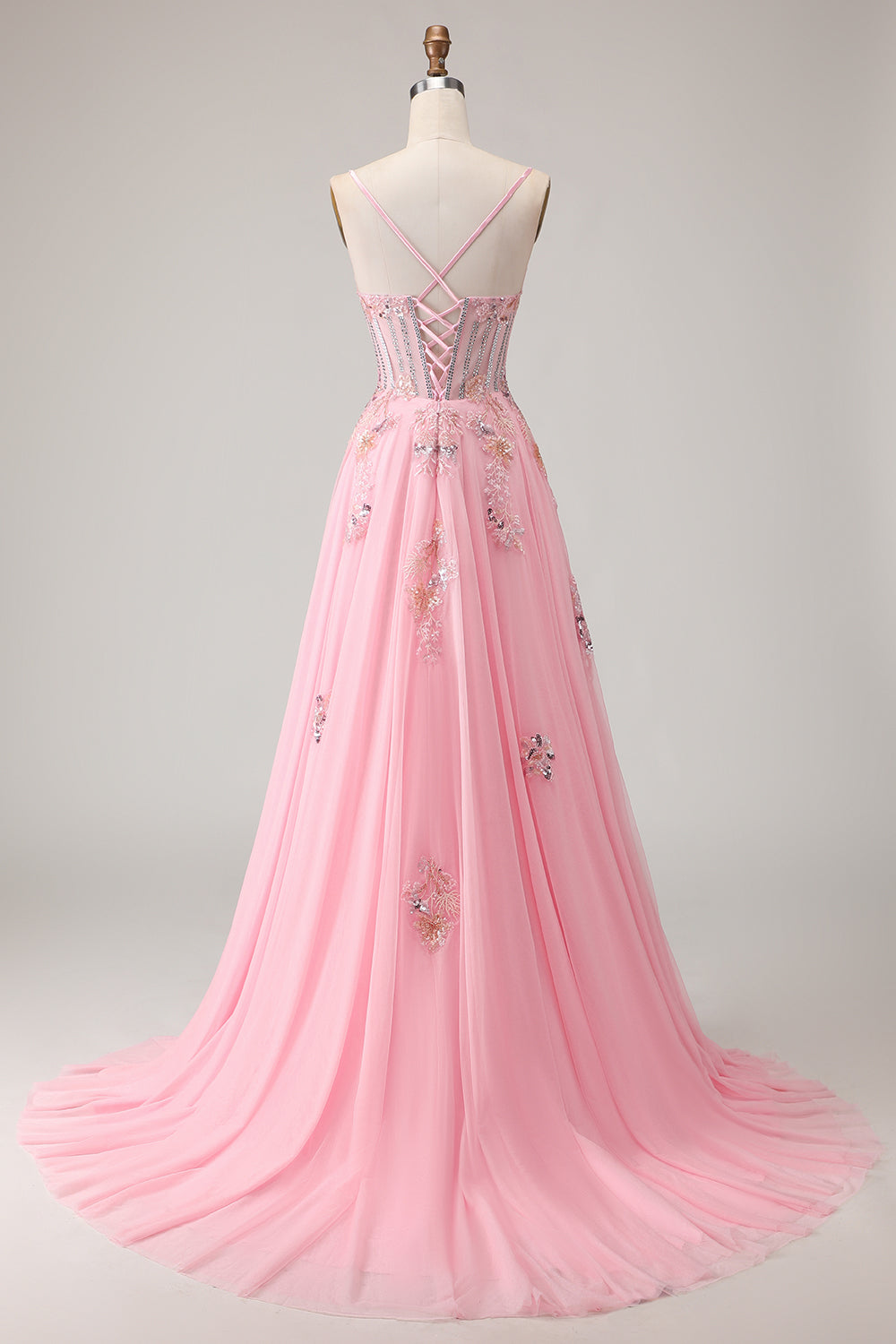 Sparkly Floral Pink A-Line Long Corset Prom Dress with Beading