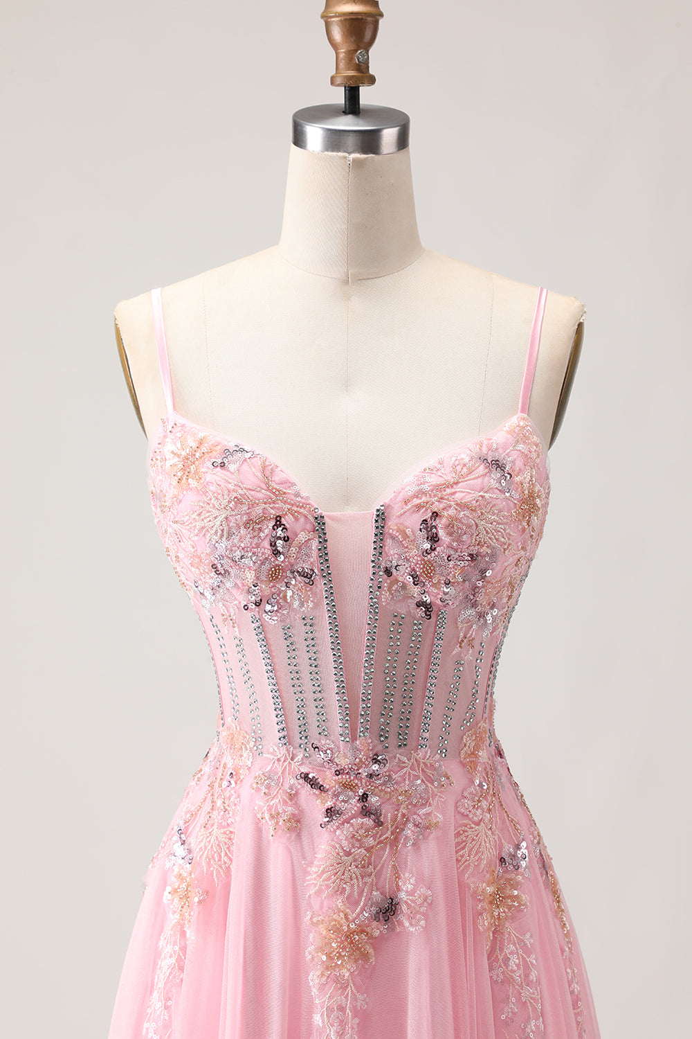Sparkly Floral Pink A-Line Long Corset Prom Dress with Beading
