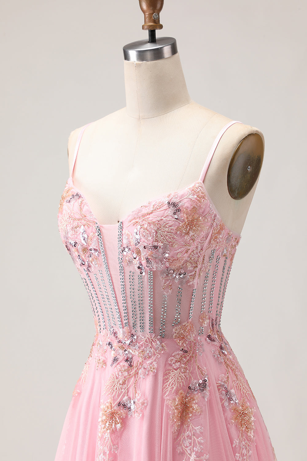 Sparkly Floral Pink A-Line Long Corset Prom Dress with Beading